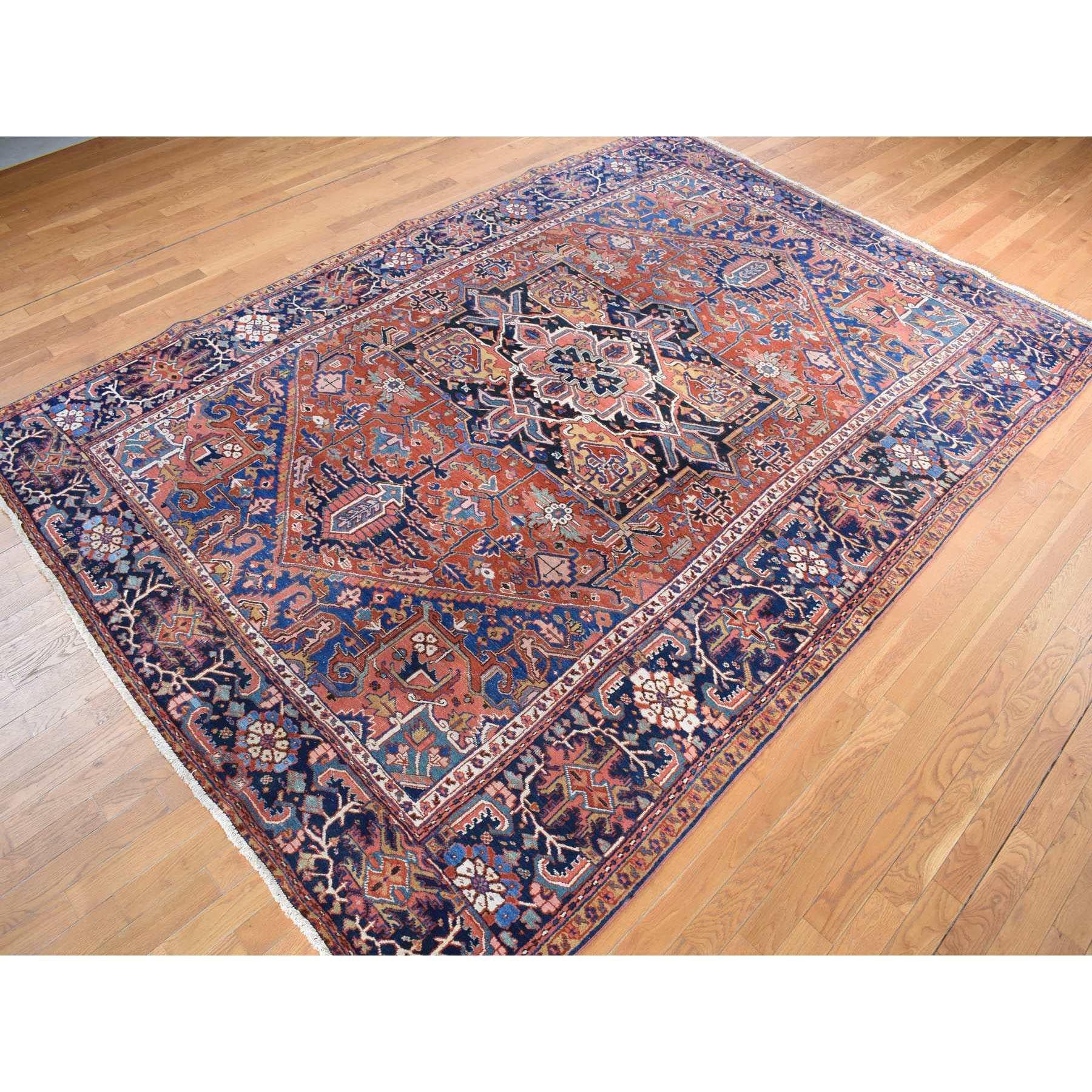 Medieval Red Antique Persian Heris Good Condition Hand Knotted Wool Clean Rug 8'6