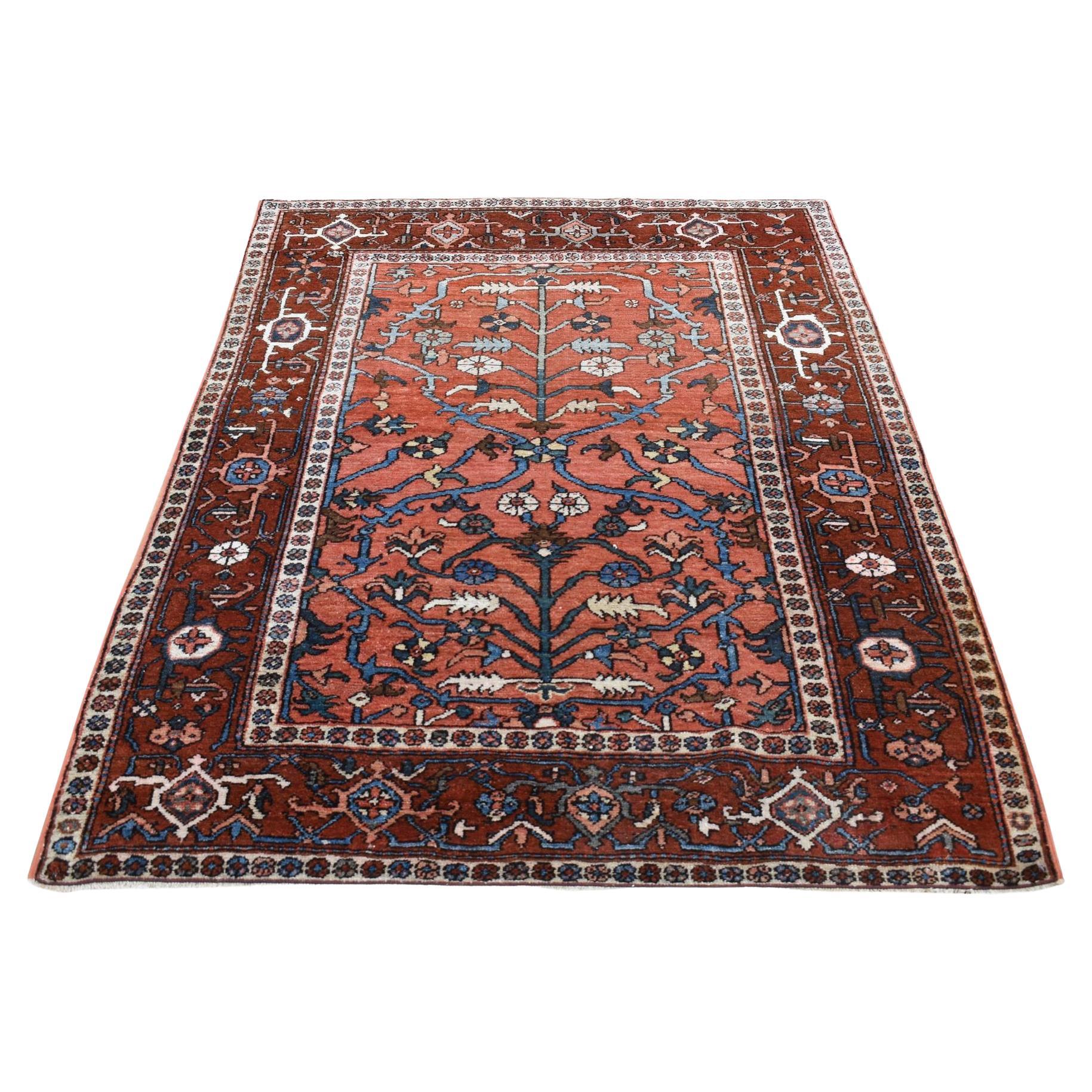 Red Antique Persian Heriz Hand Knotted Pure Wool Great Condition Cleaned Rug For Sale