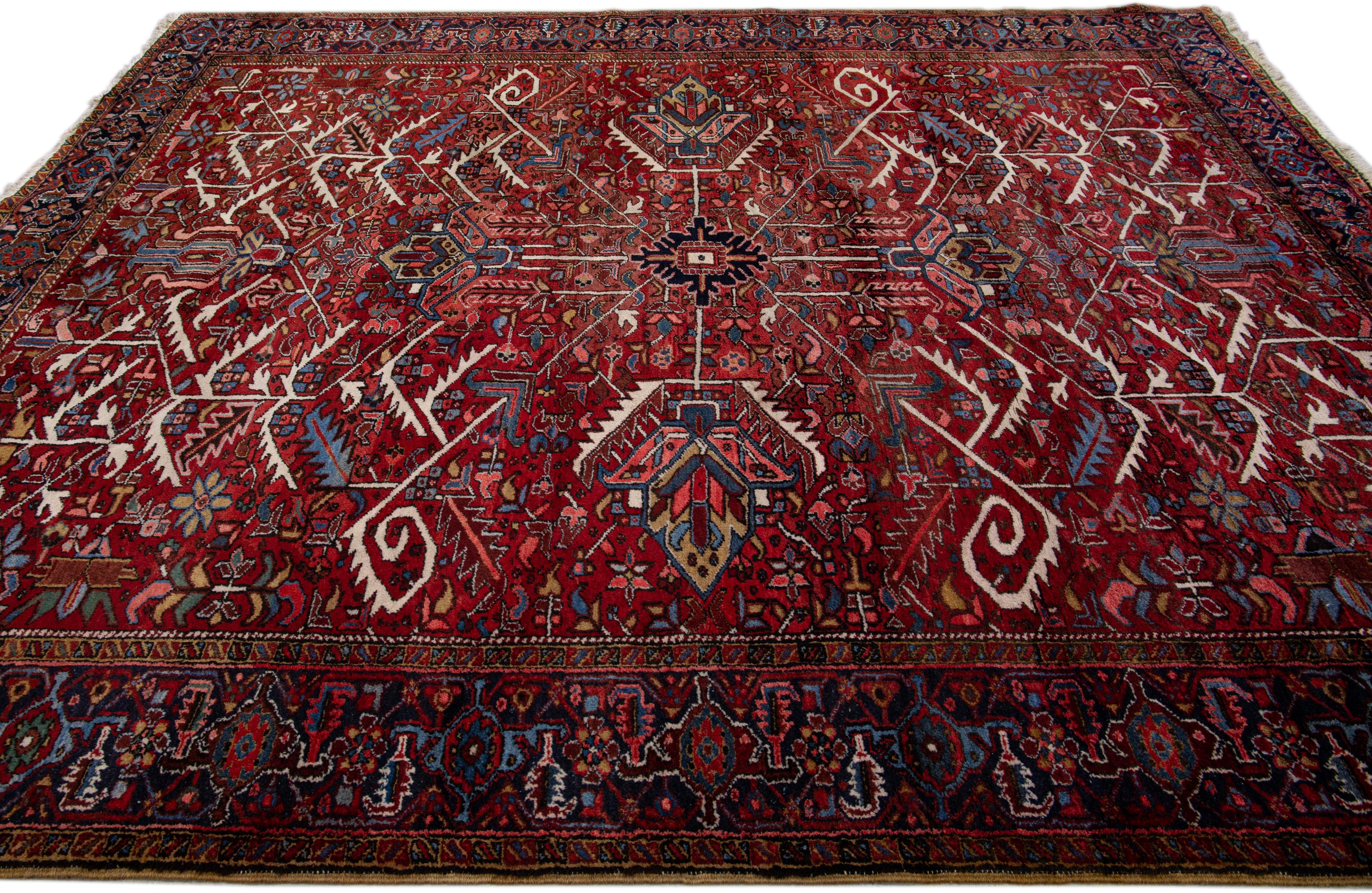 Heriz Serapi Red Antique Persian Heriz Handmade Allover Designed Wool Rug For Sale