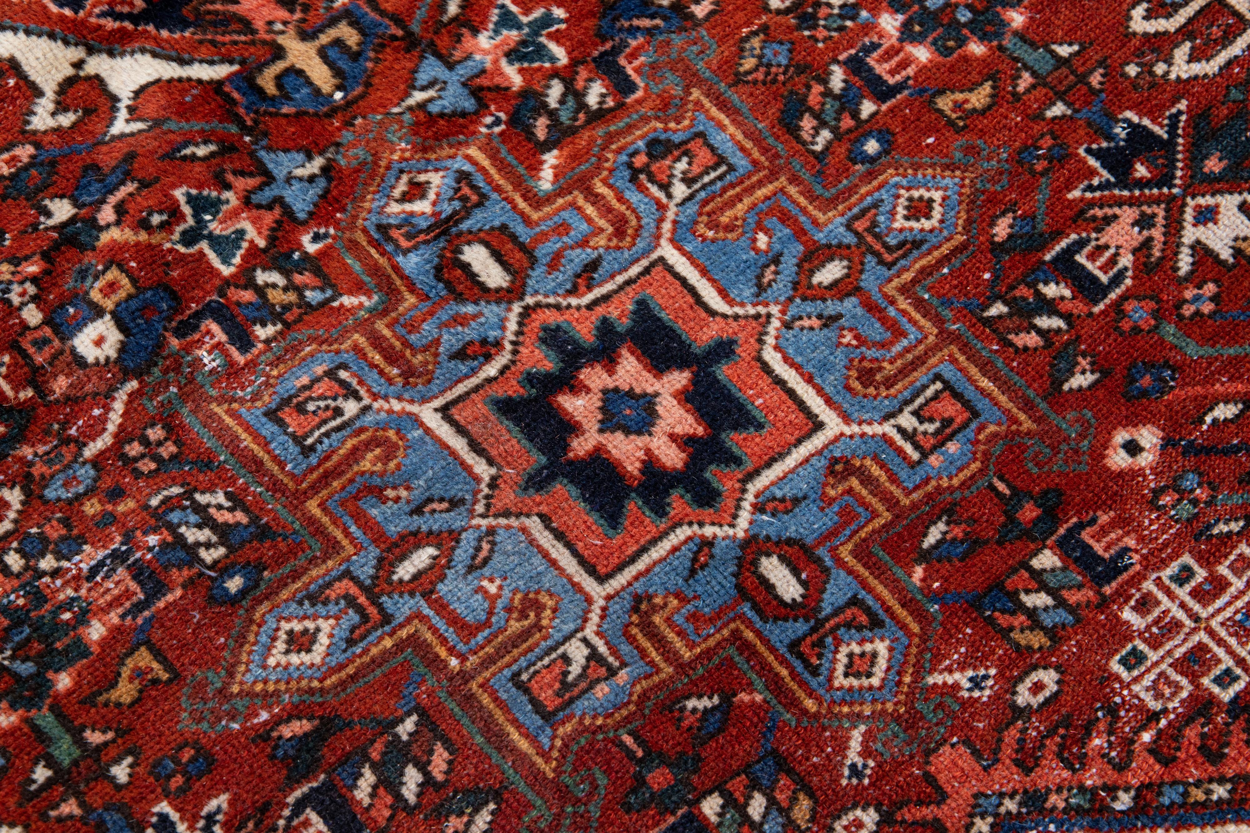 Red Antique Persian Heriz Handmade Allover Geometric Wool Rug For Sale 4