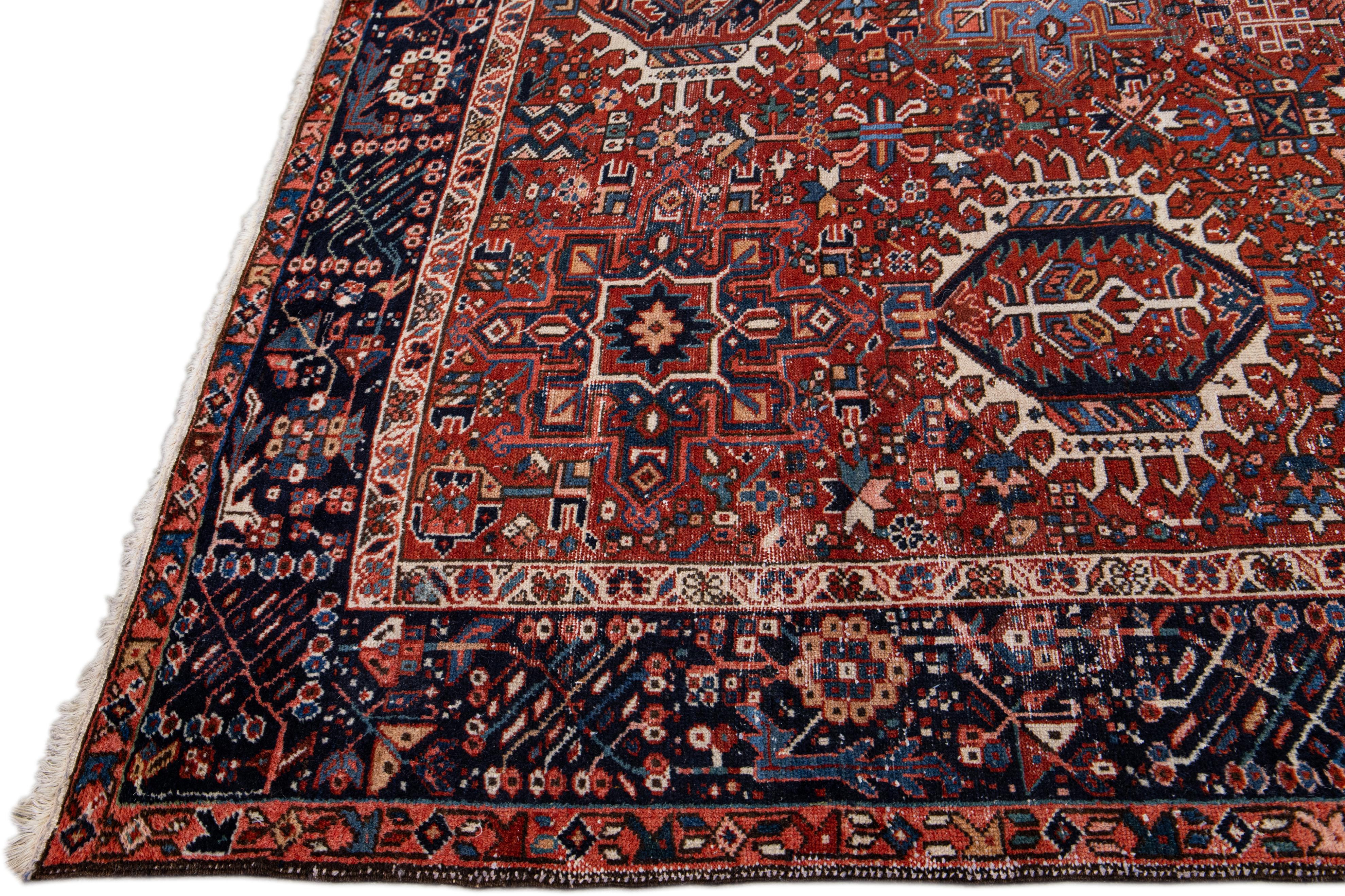 Hand-Knotted Red Antique Persian Heriz Handmade Allover Geometric Wool Rug For Sale