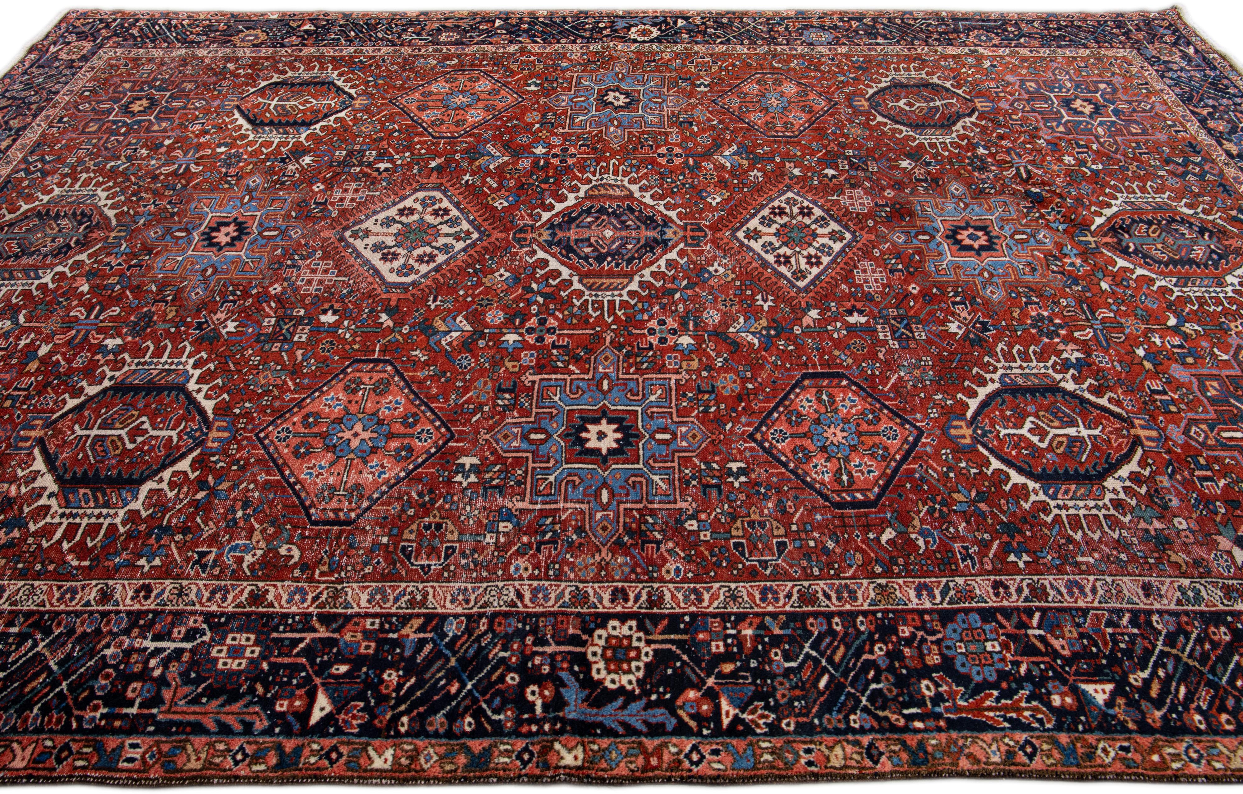 Red Antique Persian Heriz Handmade Allover Geometric Wool Rug In Good Condition For Sale In Norwalk, CT
