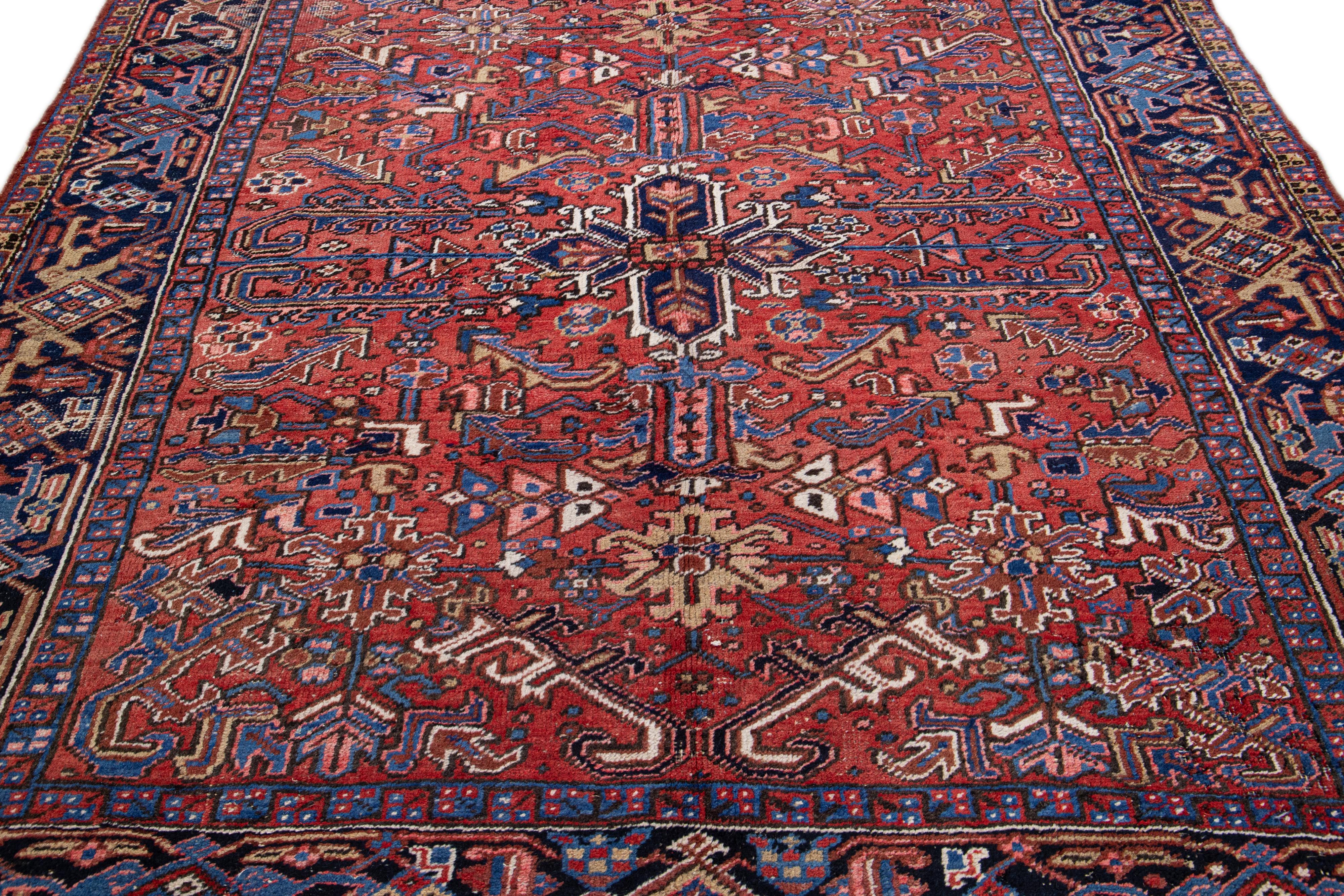 Heriz Serapi Red Antique Persian Heriz Handmade Allover Pattern Wool Rug For Sale
