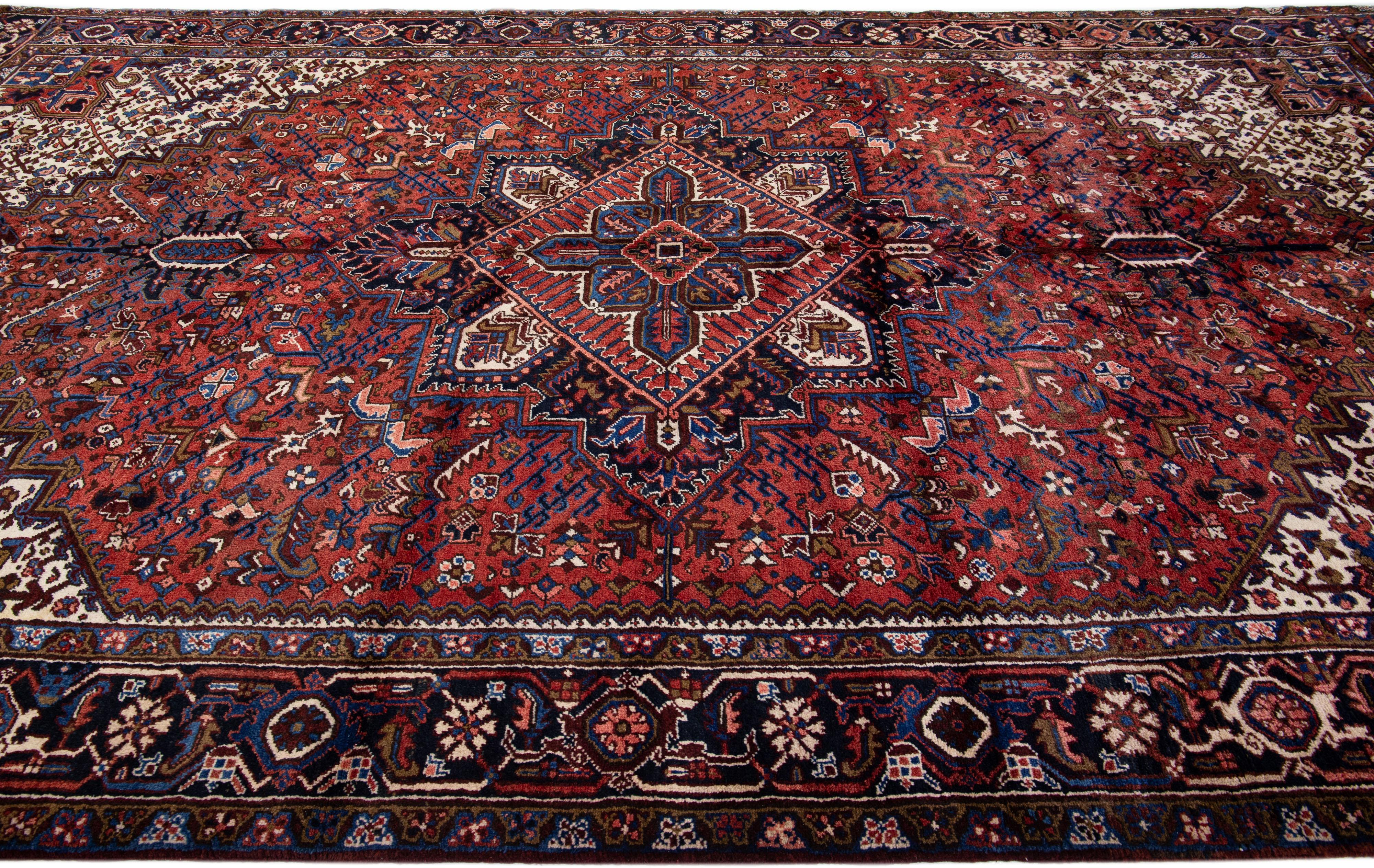 Red Antique Persian Heriz Handmade Gallery Wool Rug with Medallion Motif In Good Condition For Sale In Norwalk, CT