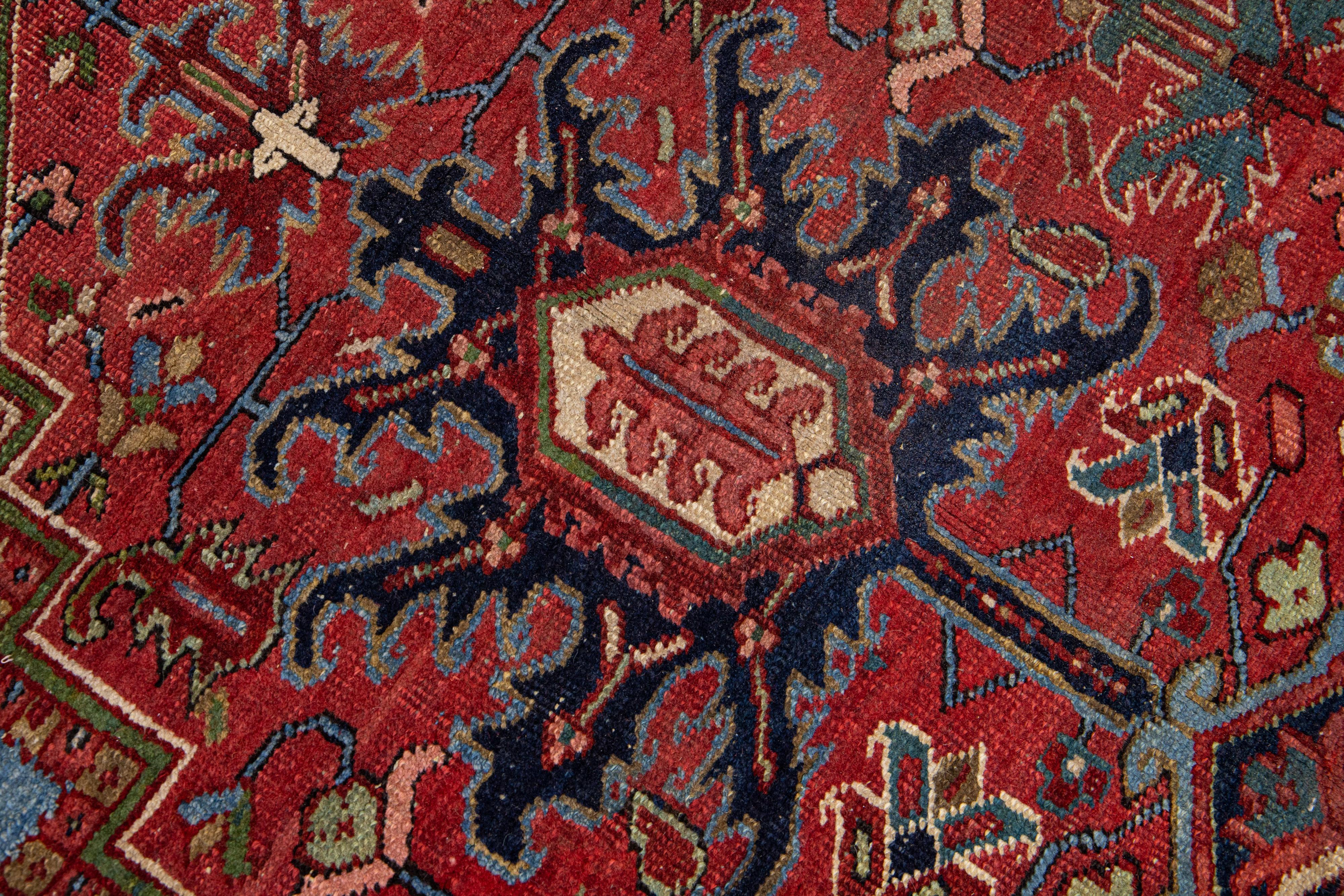Red Antique Persian Heriz Handmade Medallion Designed Wool Rug For Sale 4