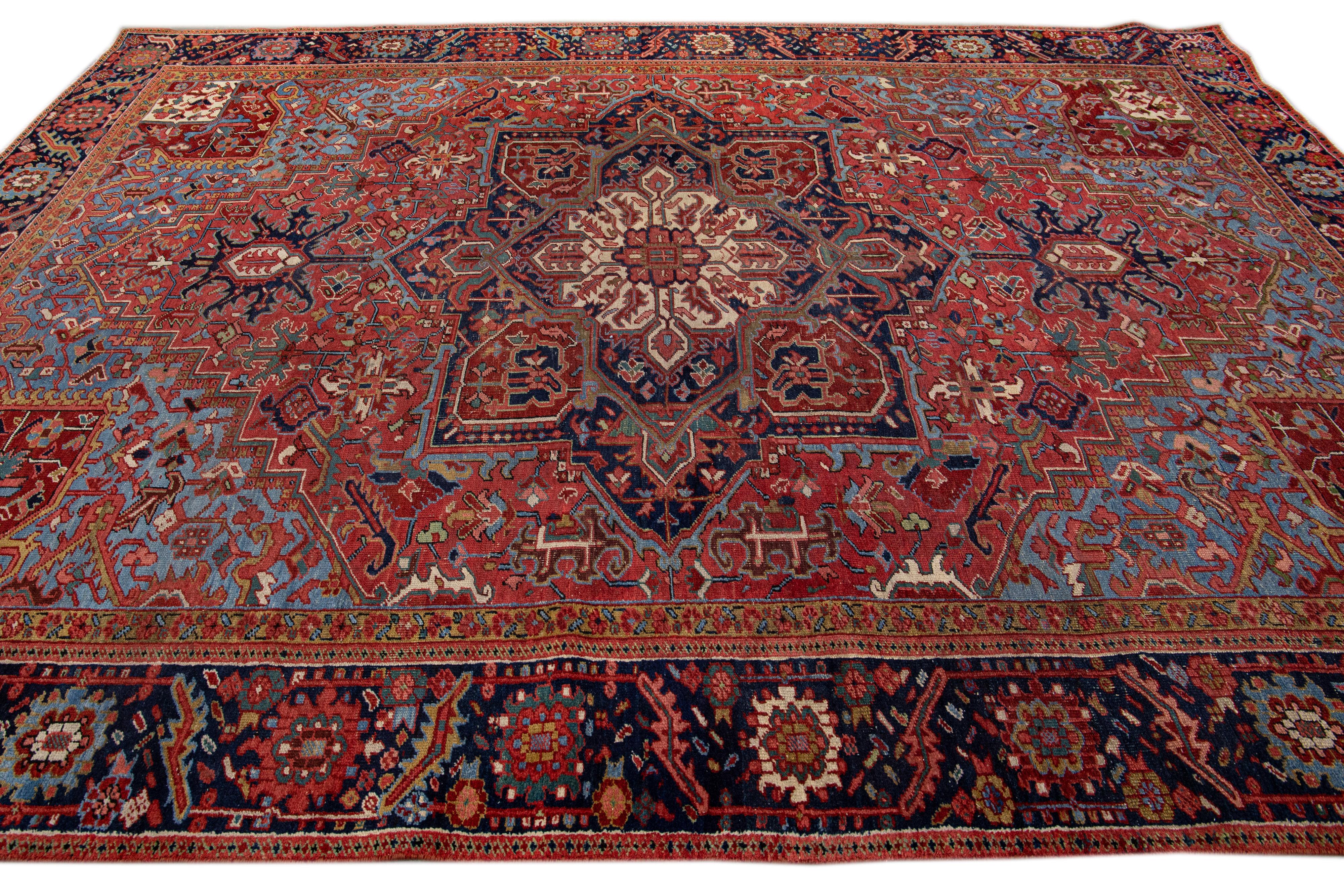 Hand-Knotted Red Antique Persian Heriz Handmade Medallion Designed Wool Rug For Sale