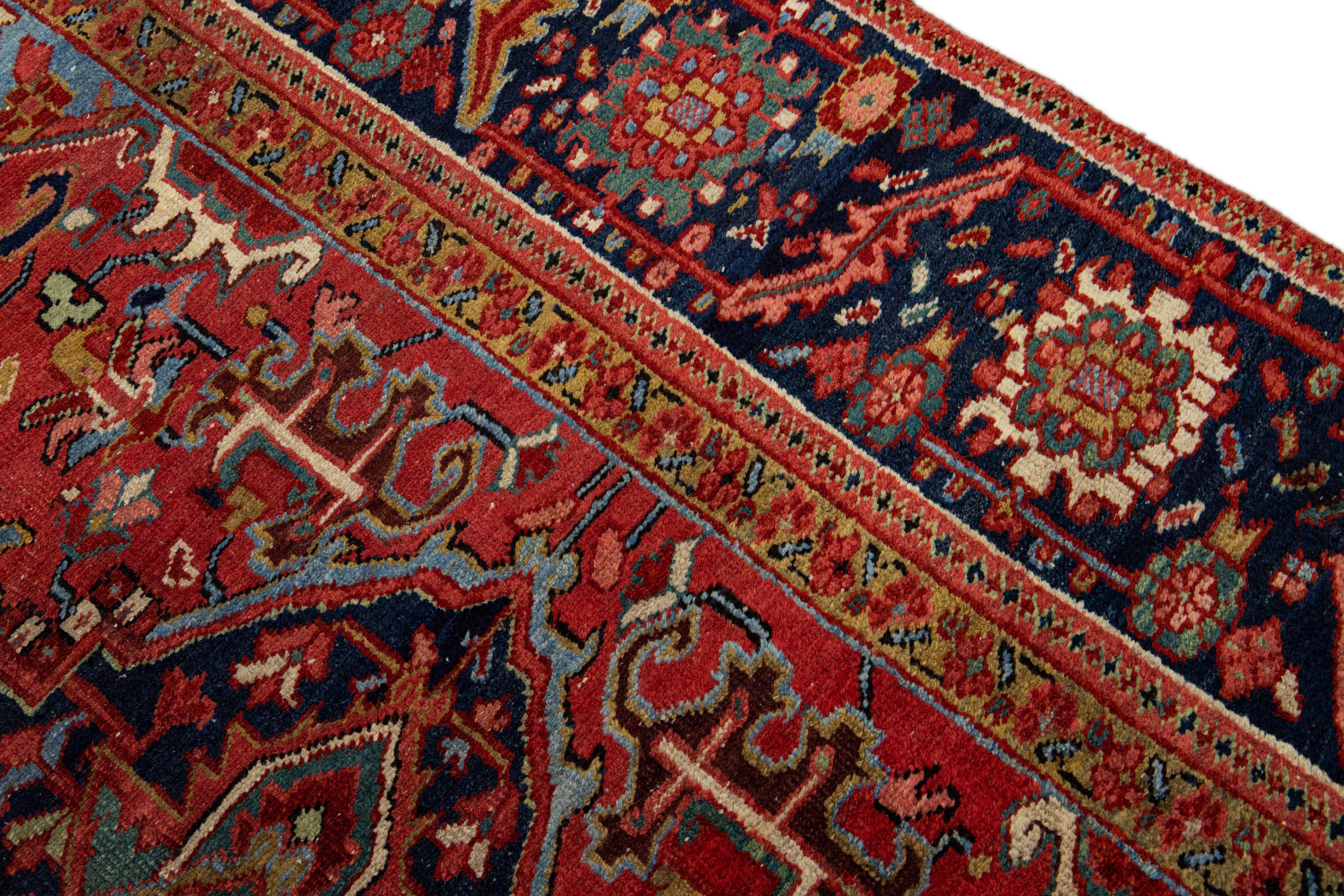 Red Antique Persian Heriz Handmade Medallion Designed Wool Rug In Good Condition For Sale In Norwalk, CT