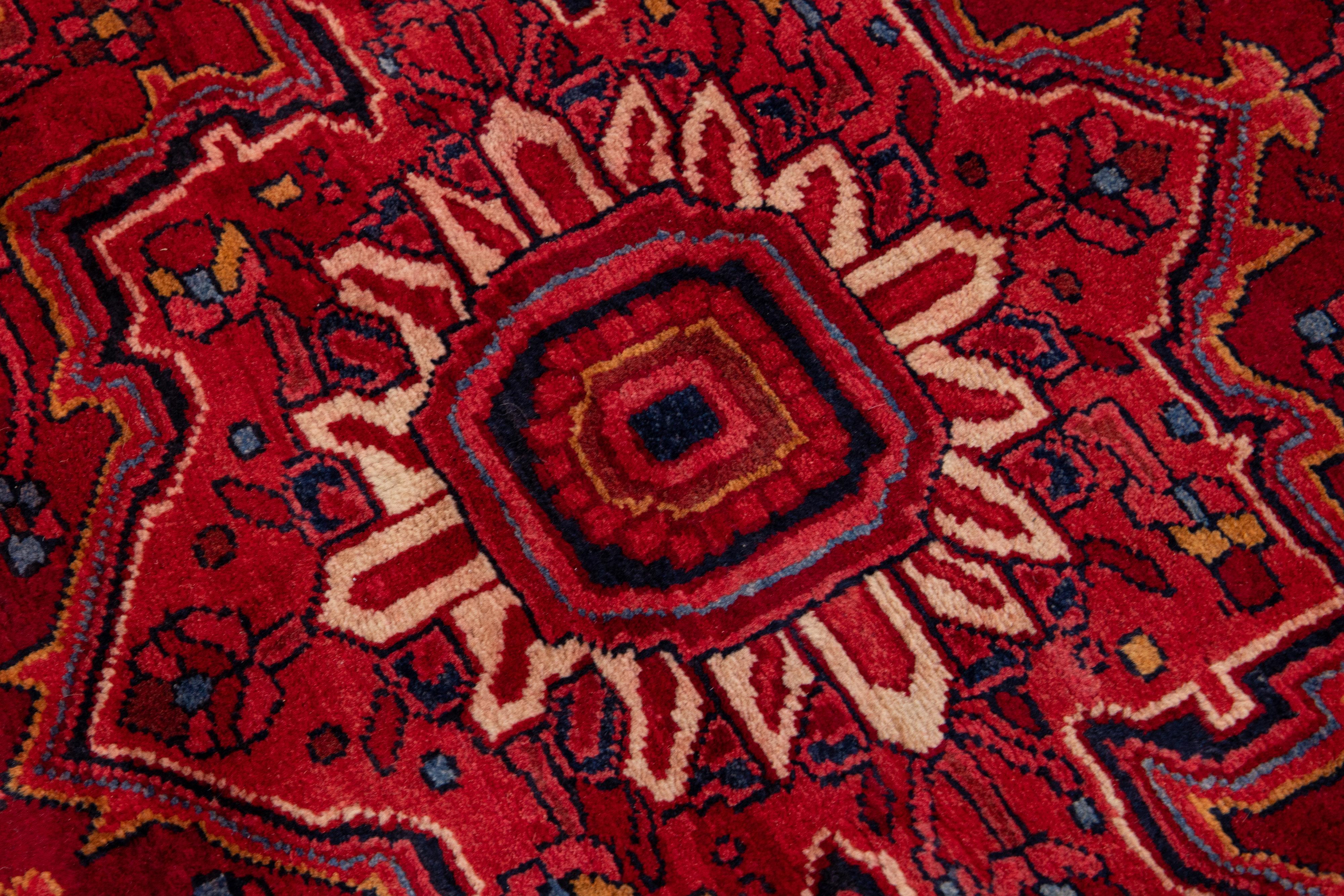 20th Century Red Antique Persian Heriz Handmade Medallion Wool Runner For Sale