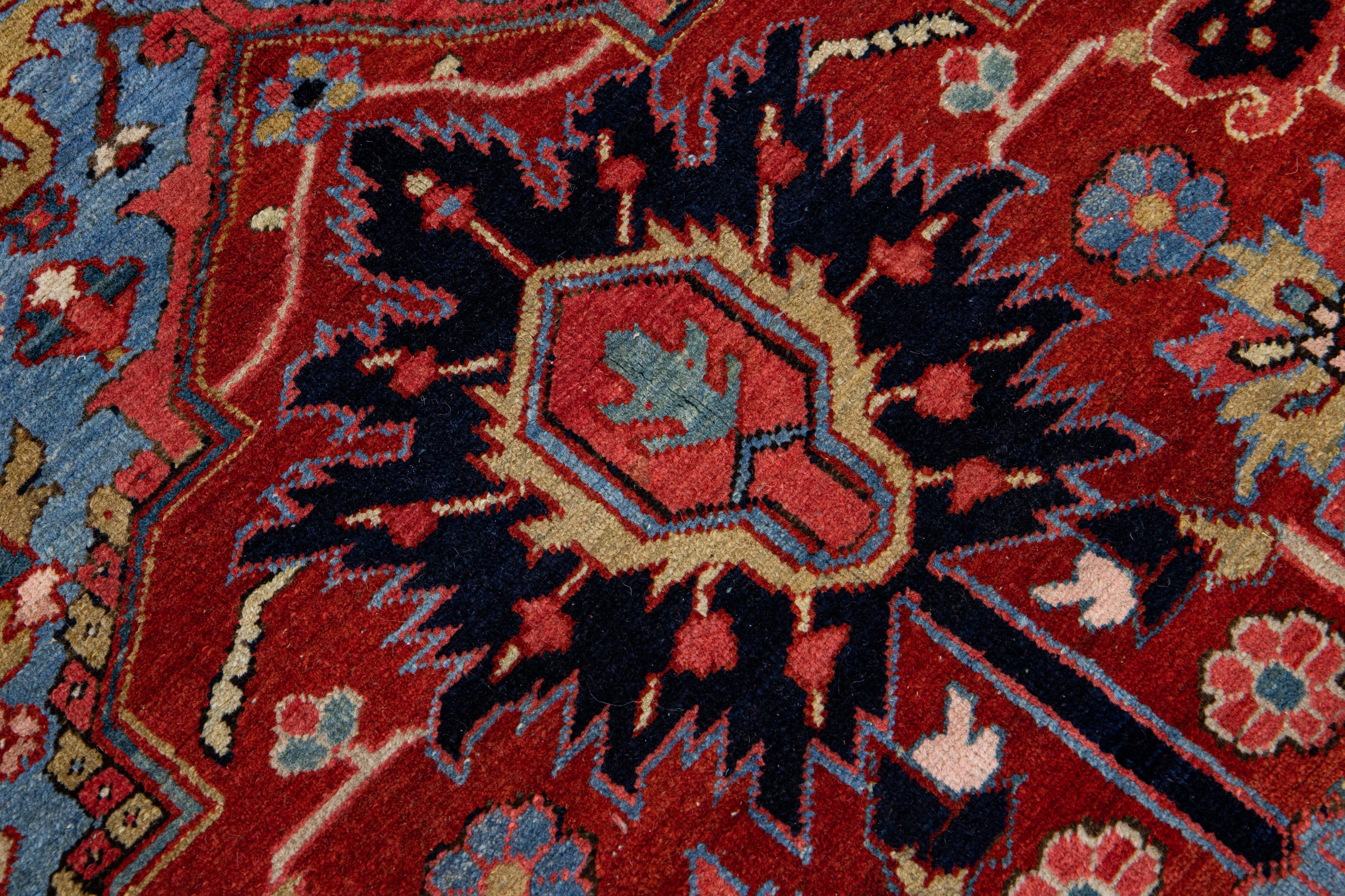 Red Antique Persian Heriz Handmade Wool Rug with Medallion Design For Sale 3