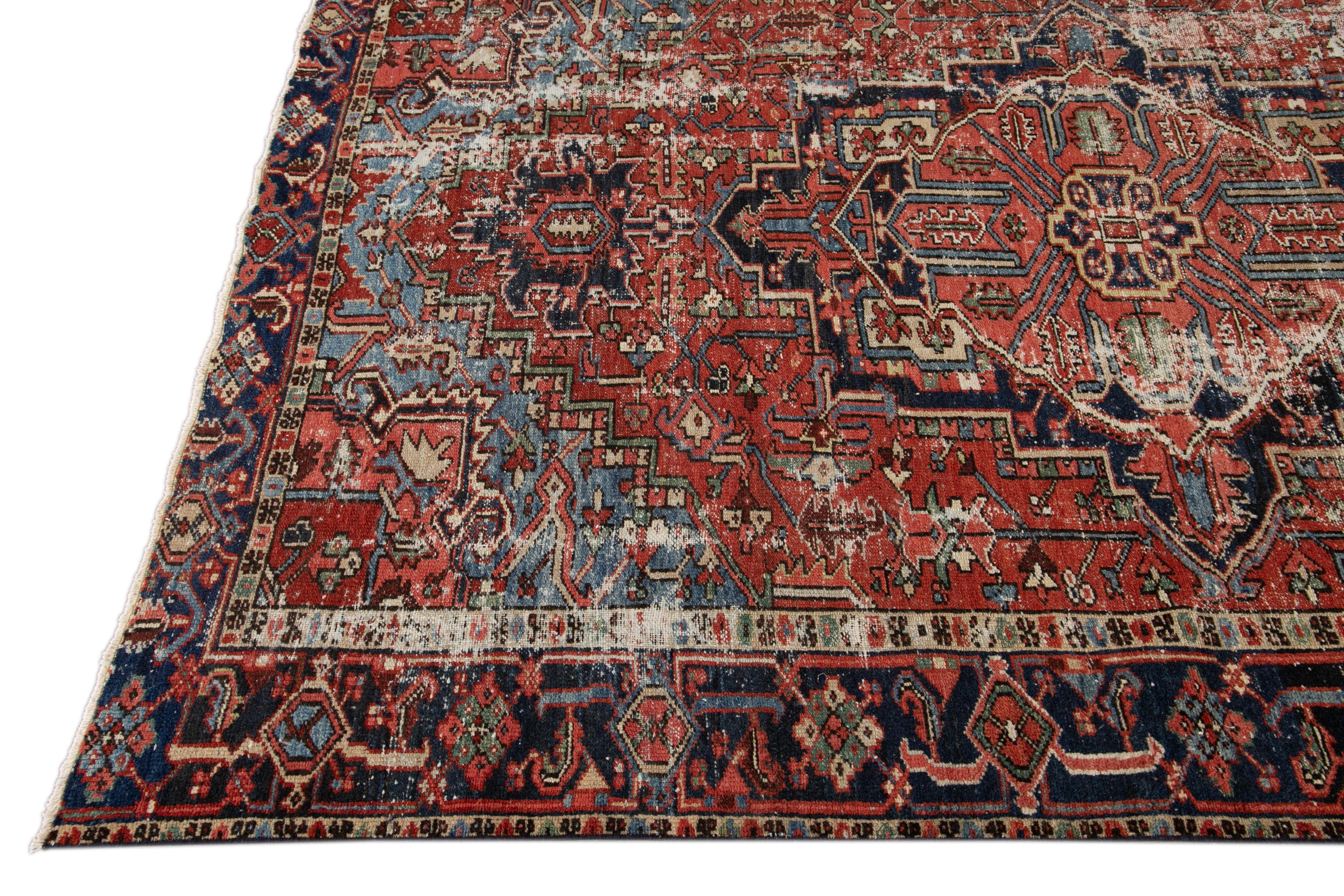 Hand-Knotted  Red Antique Persian Heriz Handmade Wool Rug with Medallion Design For Sale