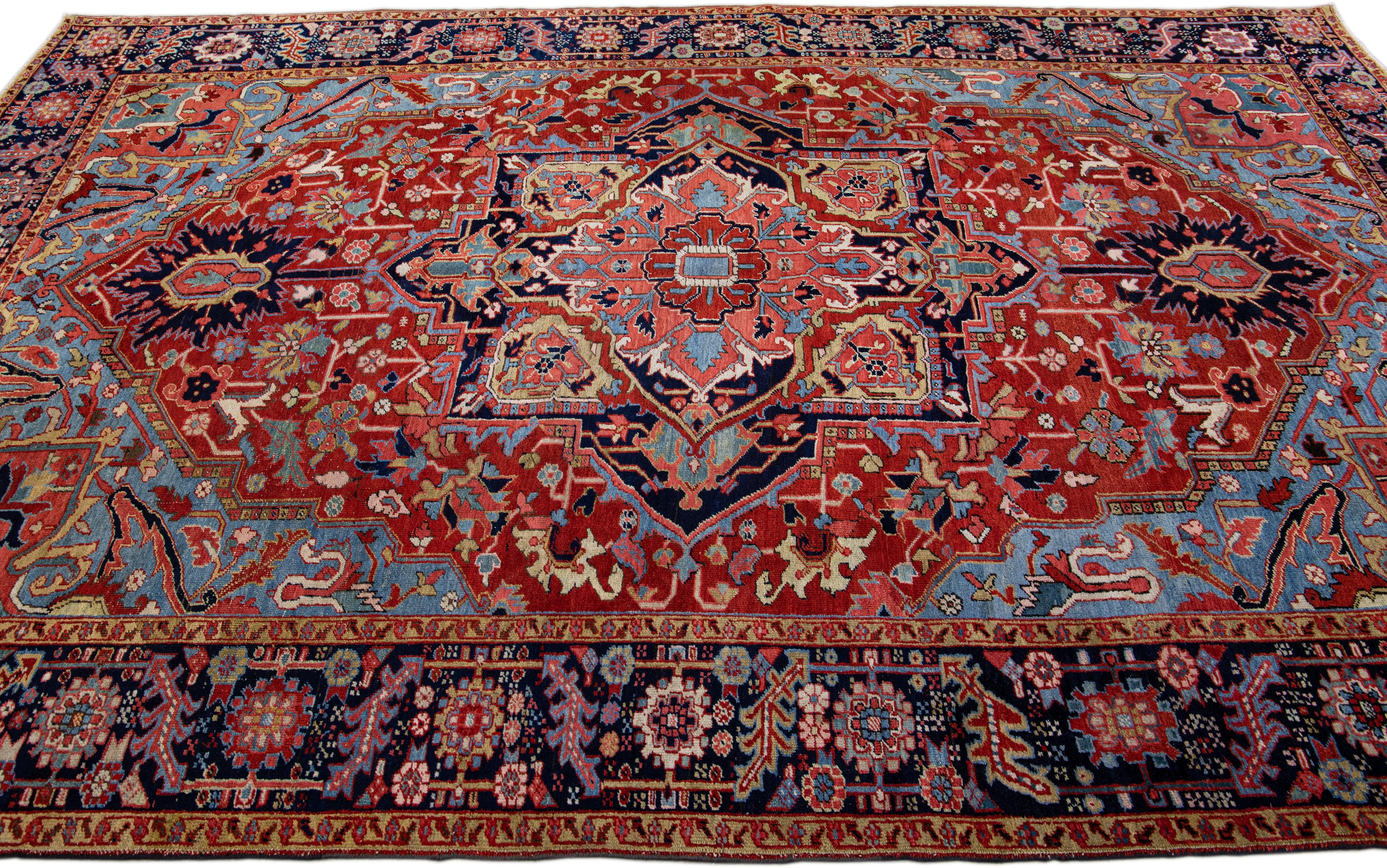Hand-Knotted Red Antique Persian Heriz Handmade Wool Rug with Medallion Design For Sale