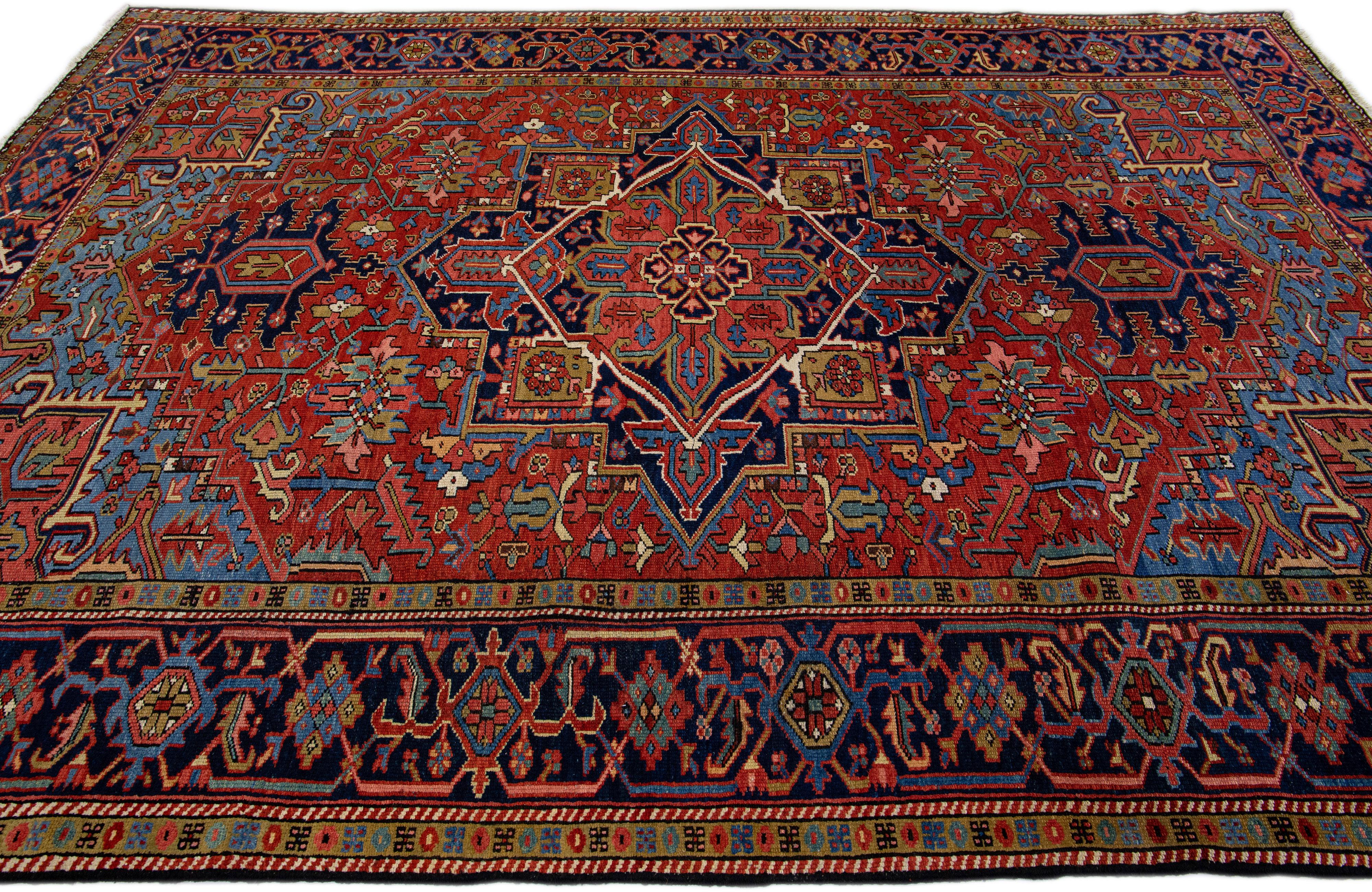 Red Antique Persian Heriz Handmade Wool Rug with Medallion Design In Good Condition For Sale In Norwalk, CT