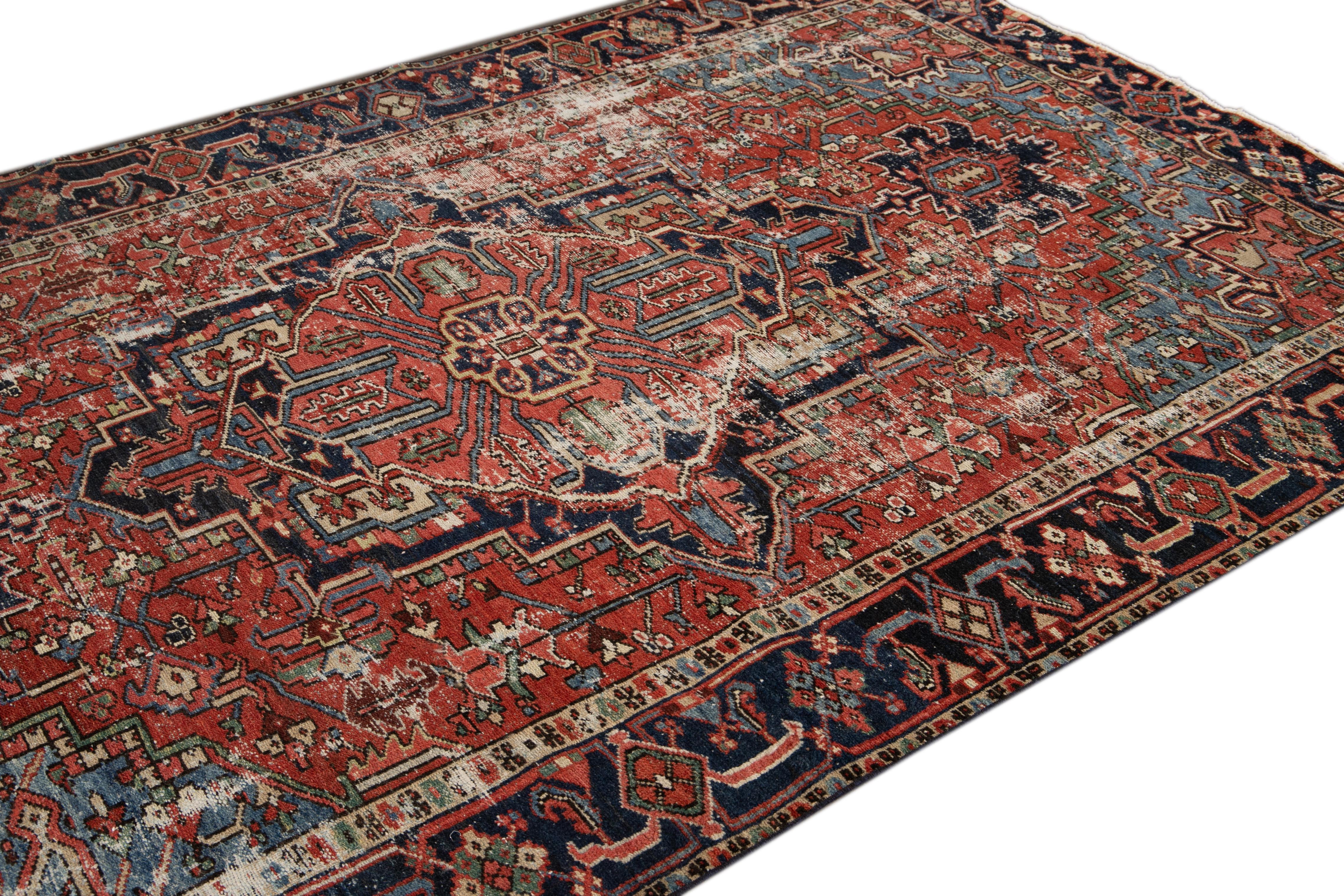  Red Antique Persian Heriz Handmade Wool Rug with Medallion Design In Distressed Condition For Sale In Norwalk, CT