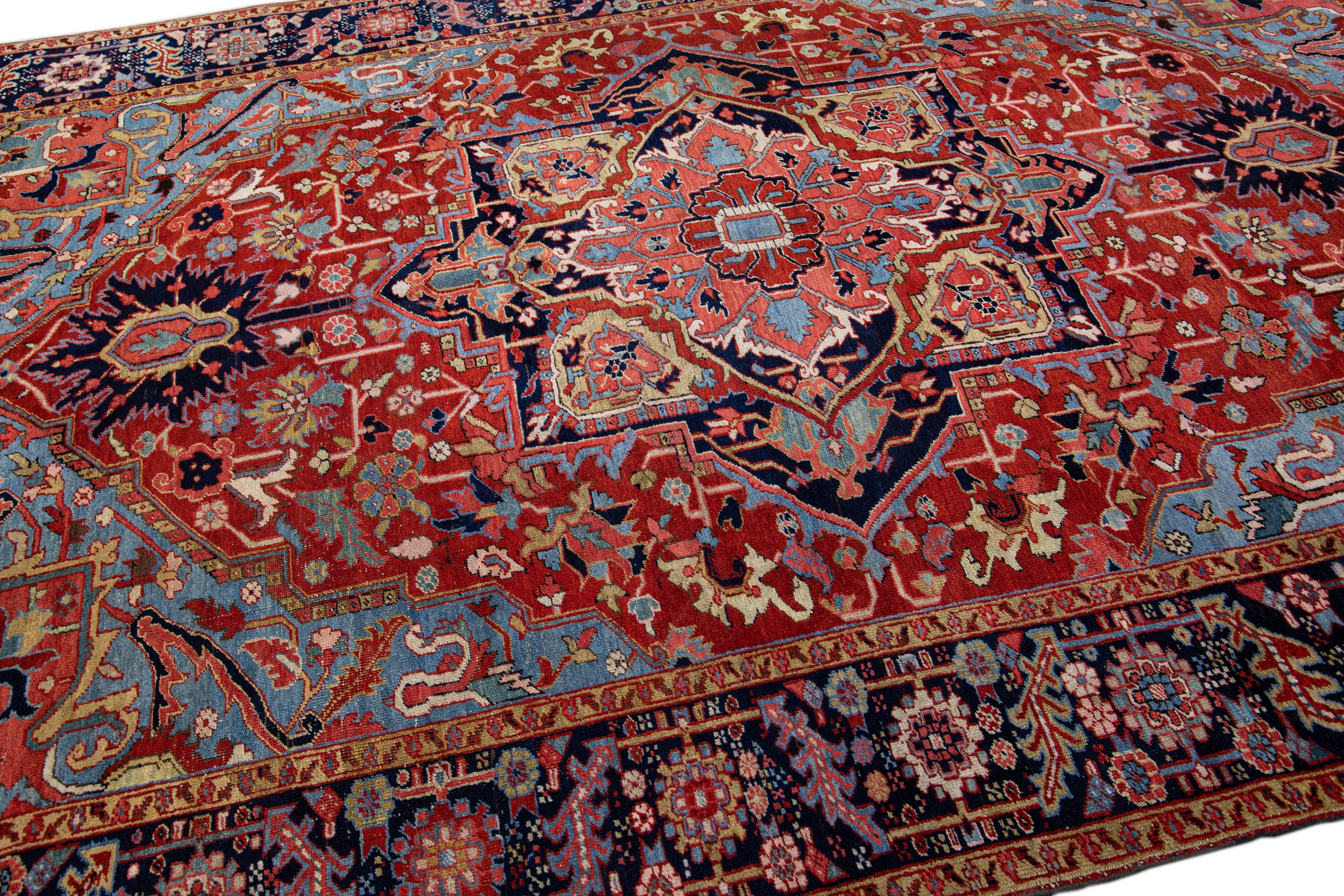 Red Antique Persian Heriz Handmade Wool Rug with Medallion Design For Sale 1