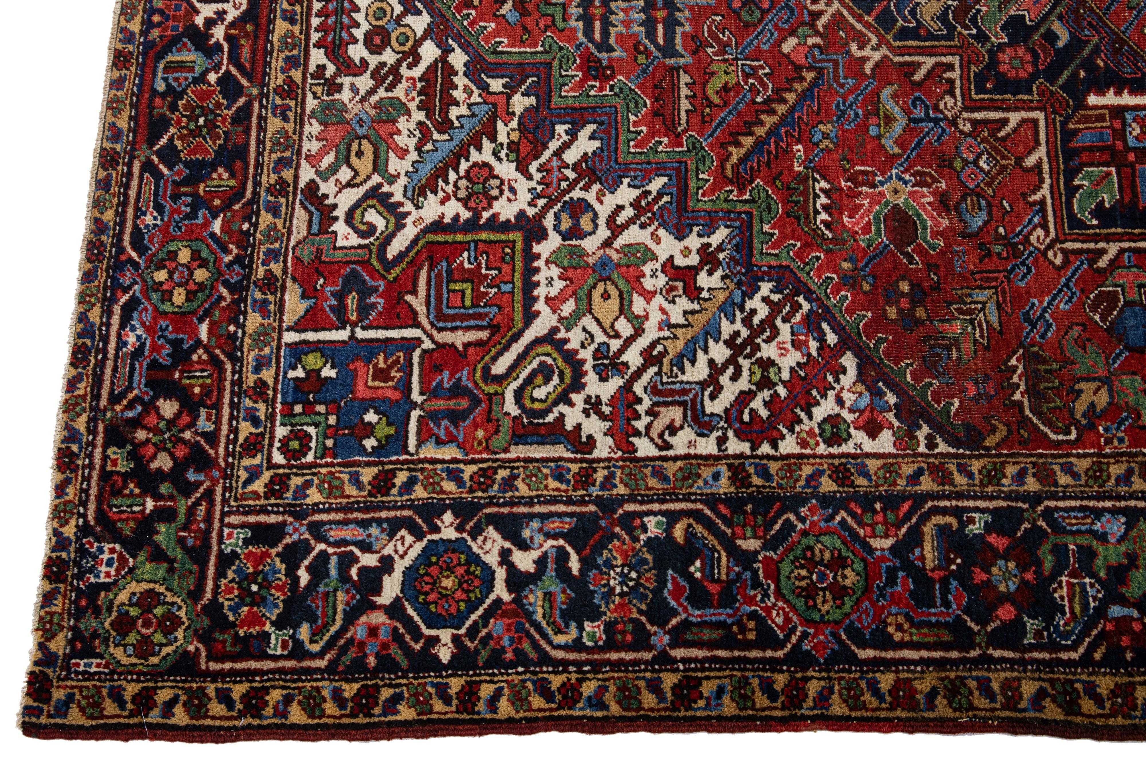 Hand-Knotted Red Antique Persian Heriz Handmade Wool Rug with Medallion Motif For Sale