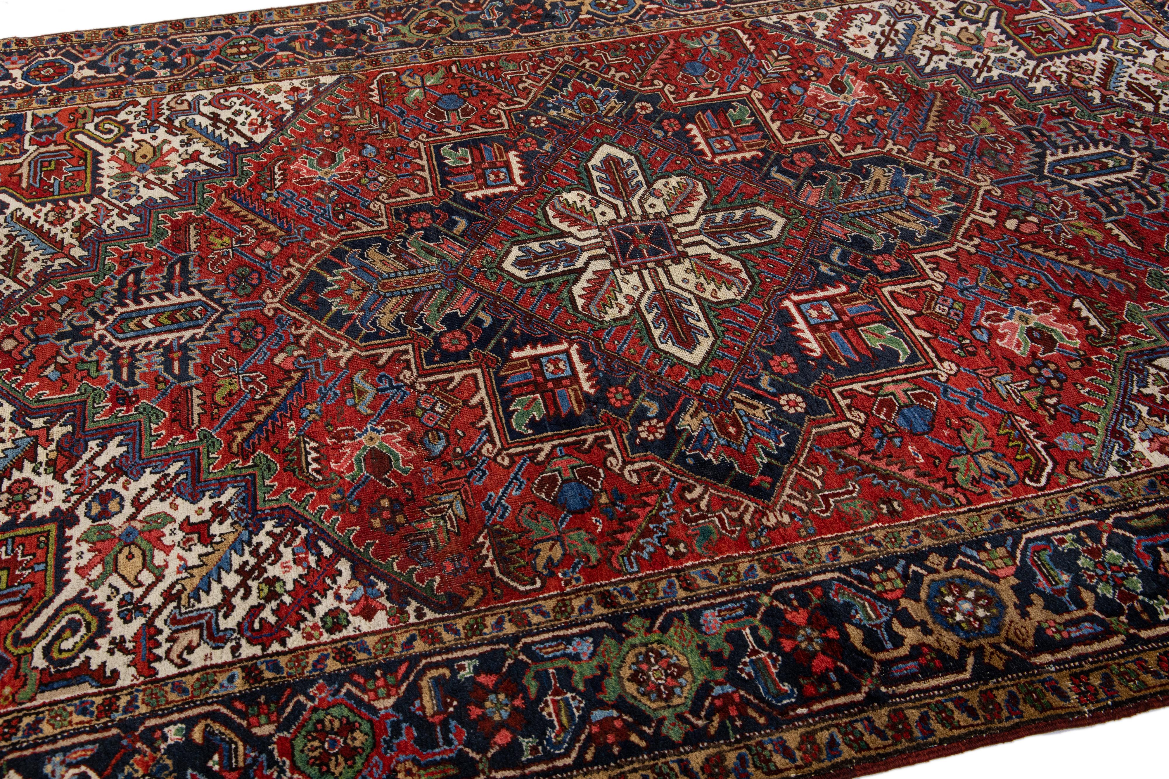 Red Antique Persian Heriz Handmade Wool Rug with Medallion Motif For Sale 2
