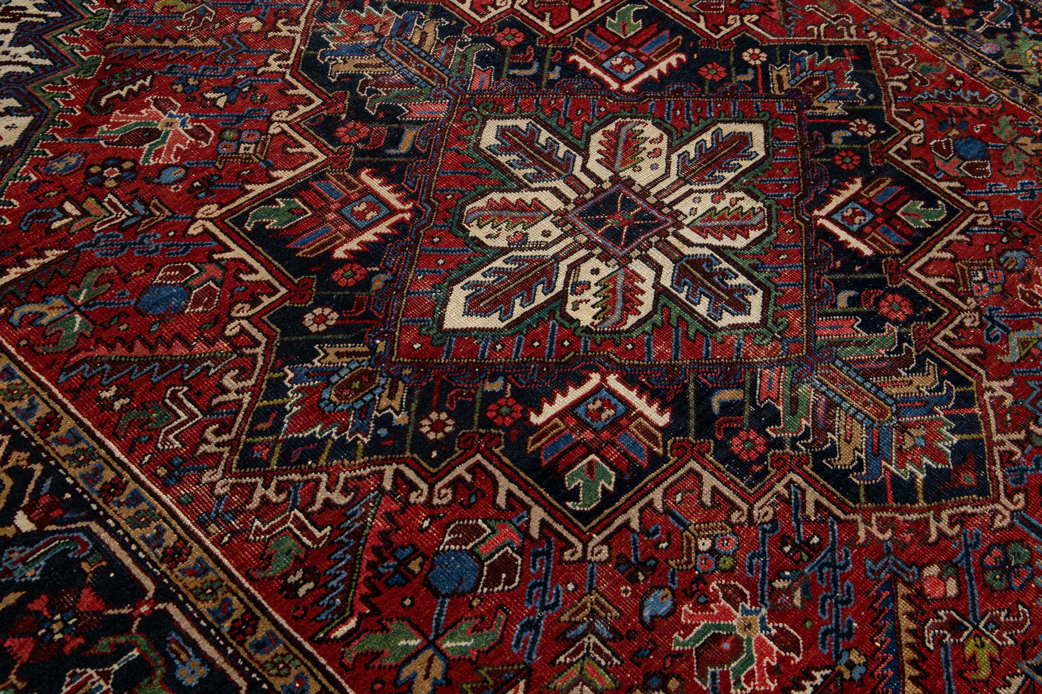 Red Antique Persian Heriz Handmade Wool Rug with Medallion Motif For Sale 3