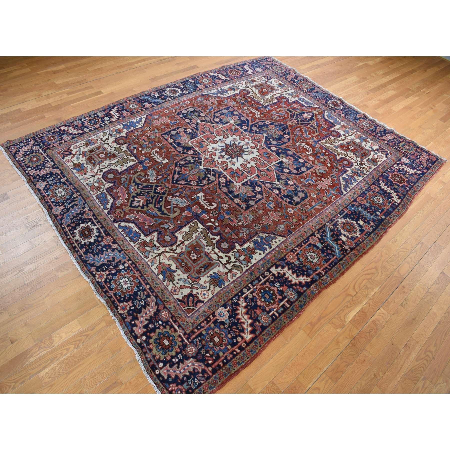 Hand-Knotted Red Antique Persian Heriz Pure Wool Hand Knotted Even Wear Clean Rug 9'1