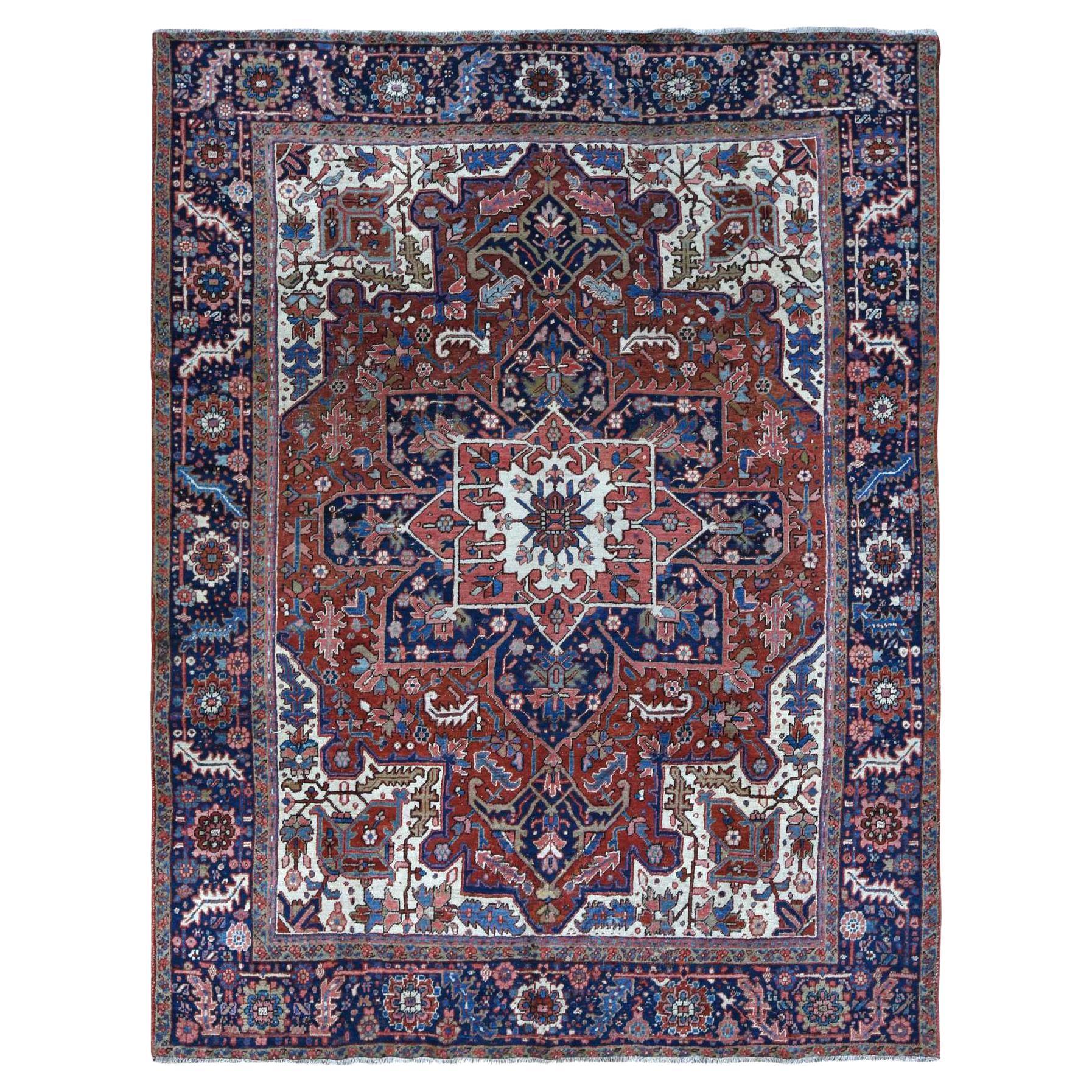 Red Antique Persian Heriz Pure Wool Hand Knotted Even Wear Clean Rug 9'1"x11'6" For Sale
