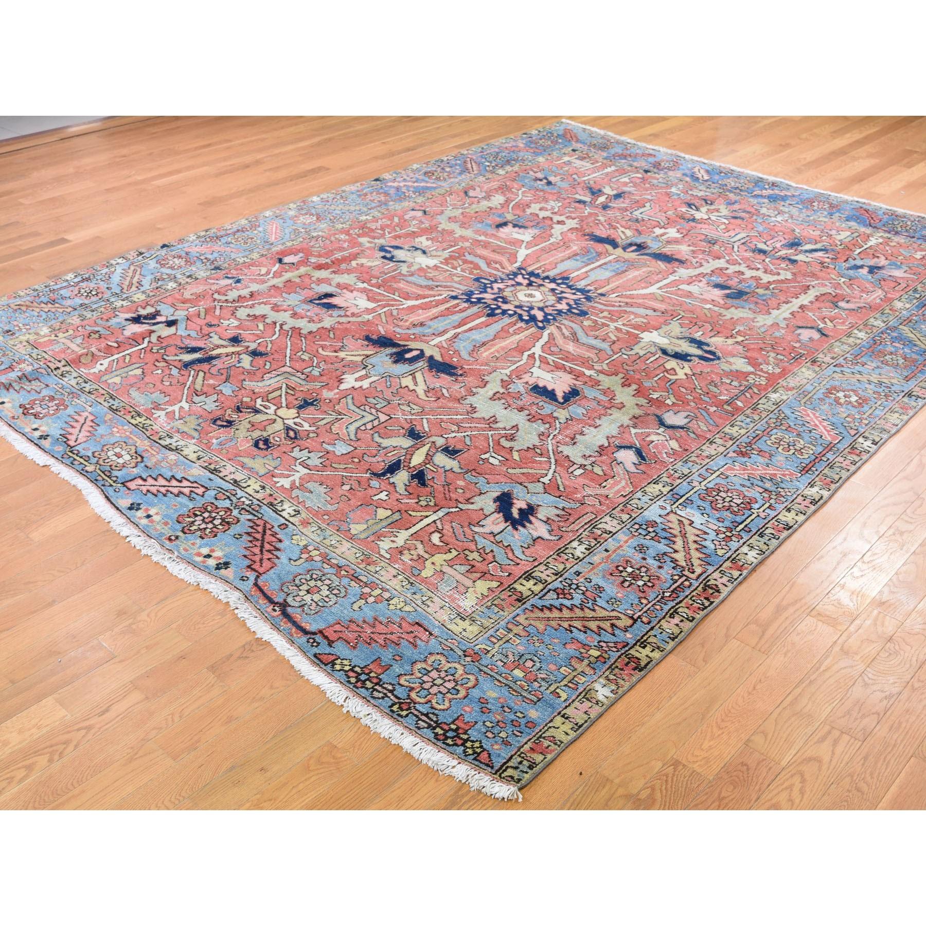 Hand-Knotted Red Antique Persian Heriz Some Wear Clean Hand Knotted Oriental Rug