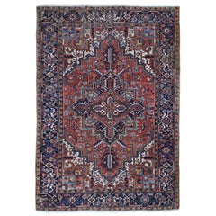 Red Antique Persian Heriz Some Wear Pure Wool Hand Knotted Oriental Rug