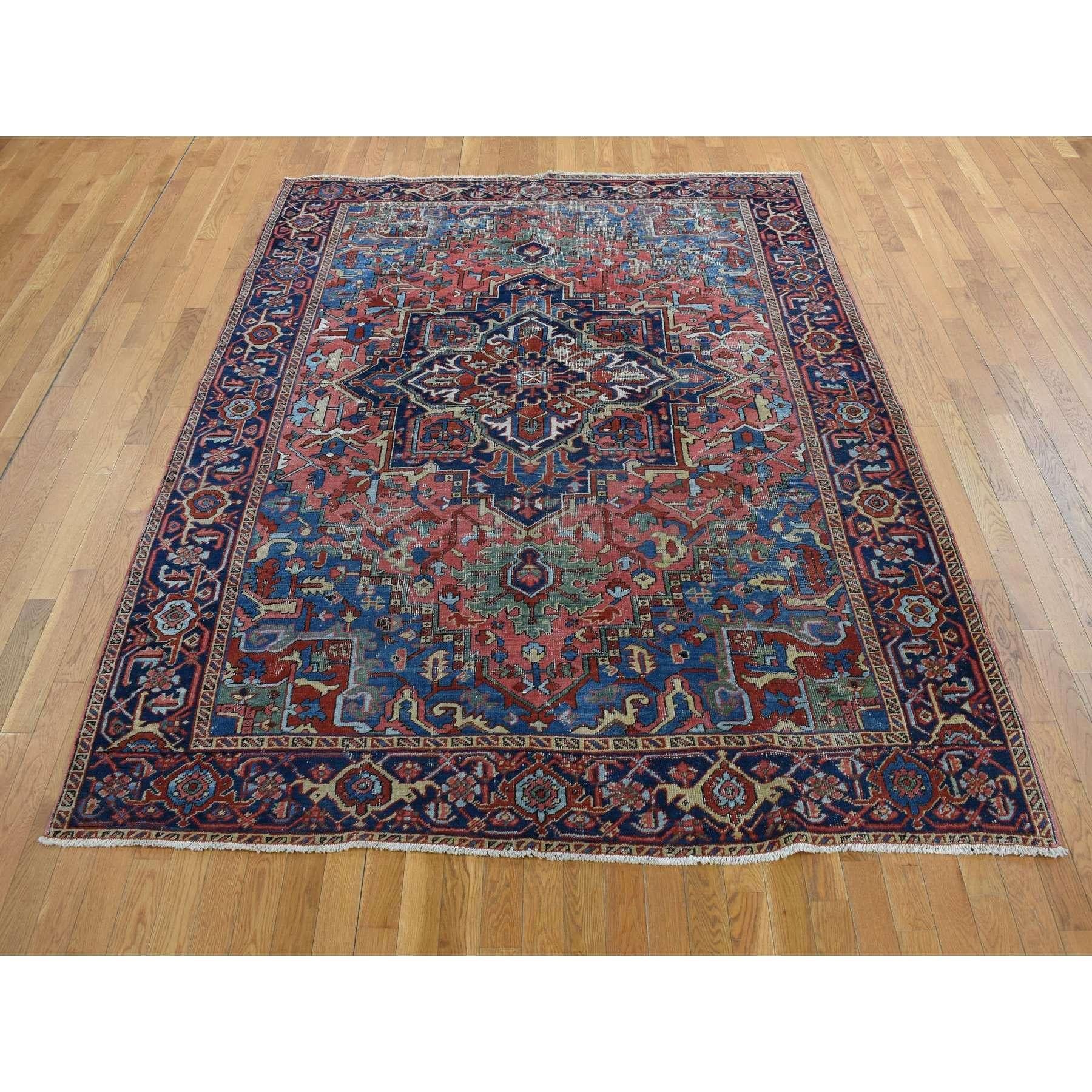 Heriz Serapi Red Antique Persian Heriz Wool Hand Knotted Unrestored Condition Cleaned Rug For Sale