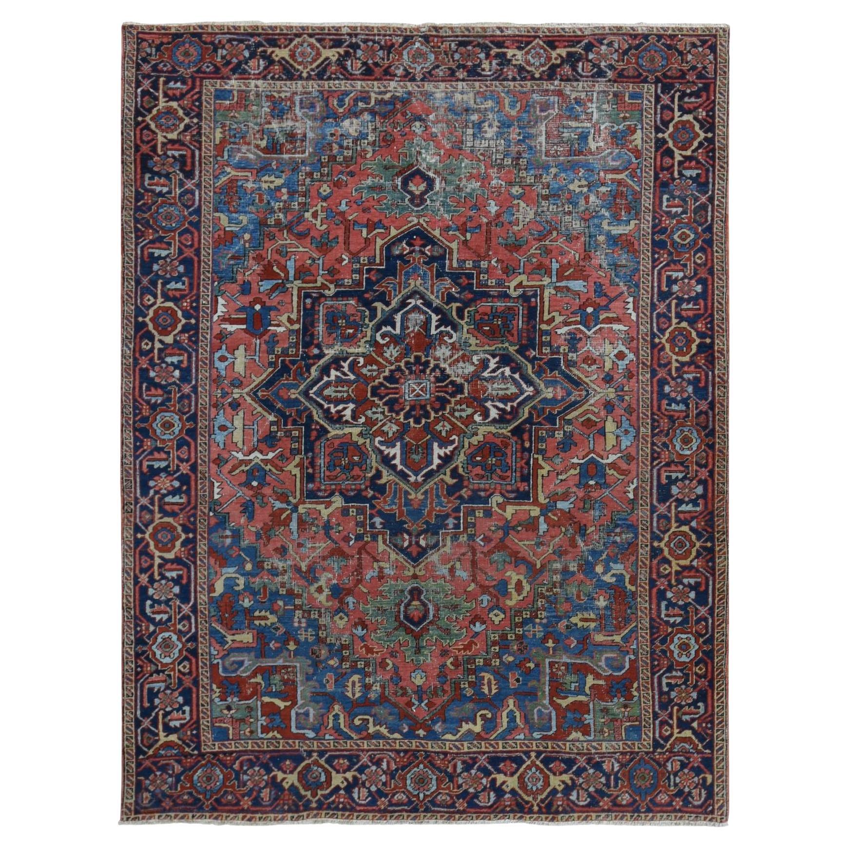 Red Antique Persian Heriz Wool Hand Knotted Unrestored Condition Cleaned Rug For Sale