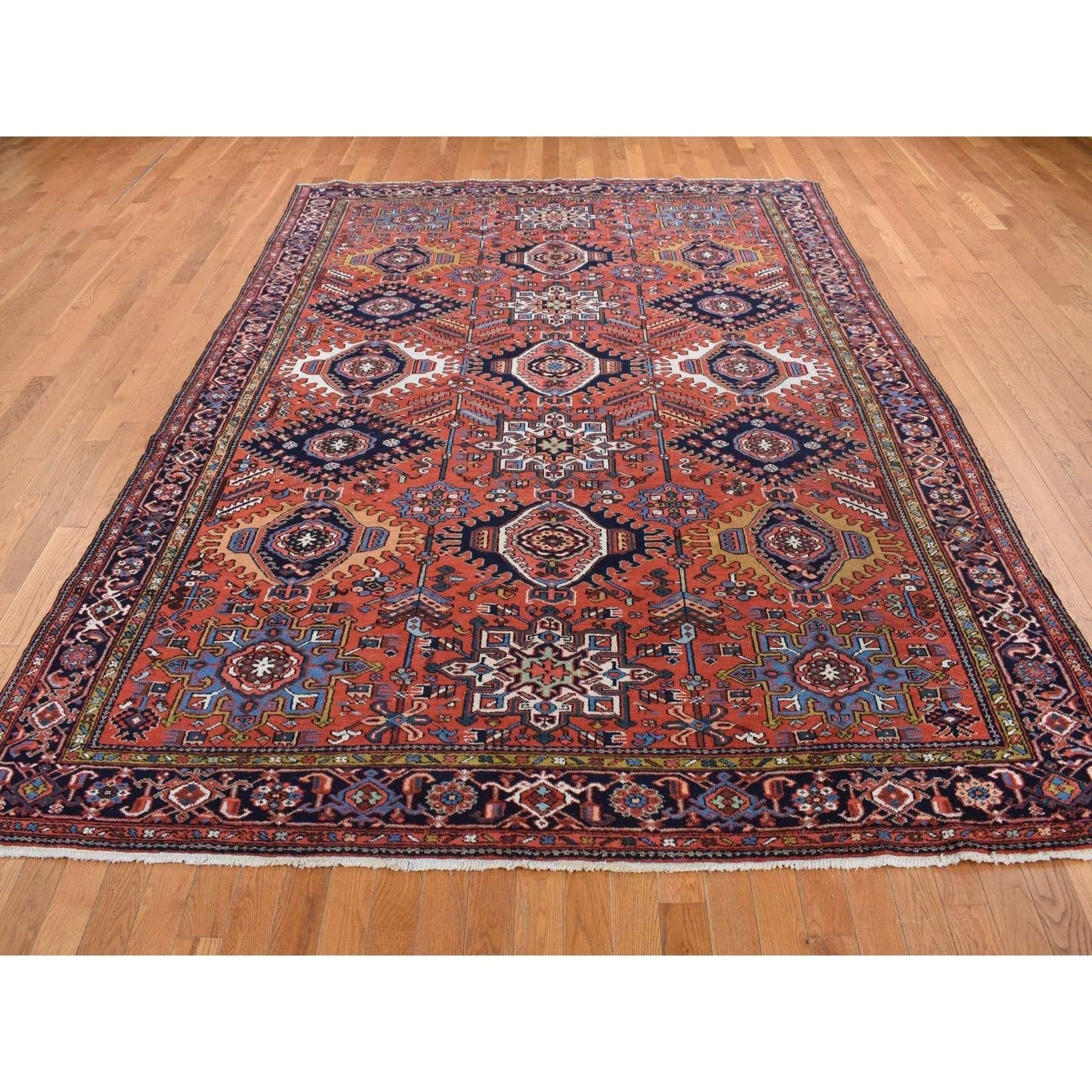 Medieval Red Antique Persian Karajeh Geometric Medallions Hand Knotted Pure Wool Rug For Sale