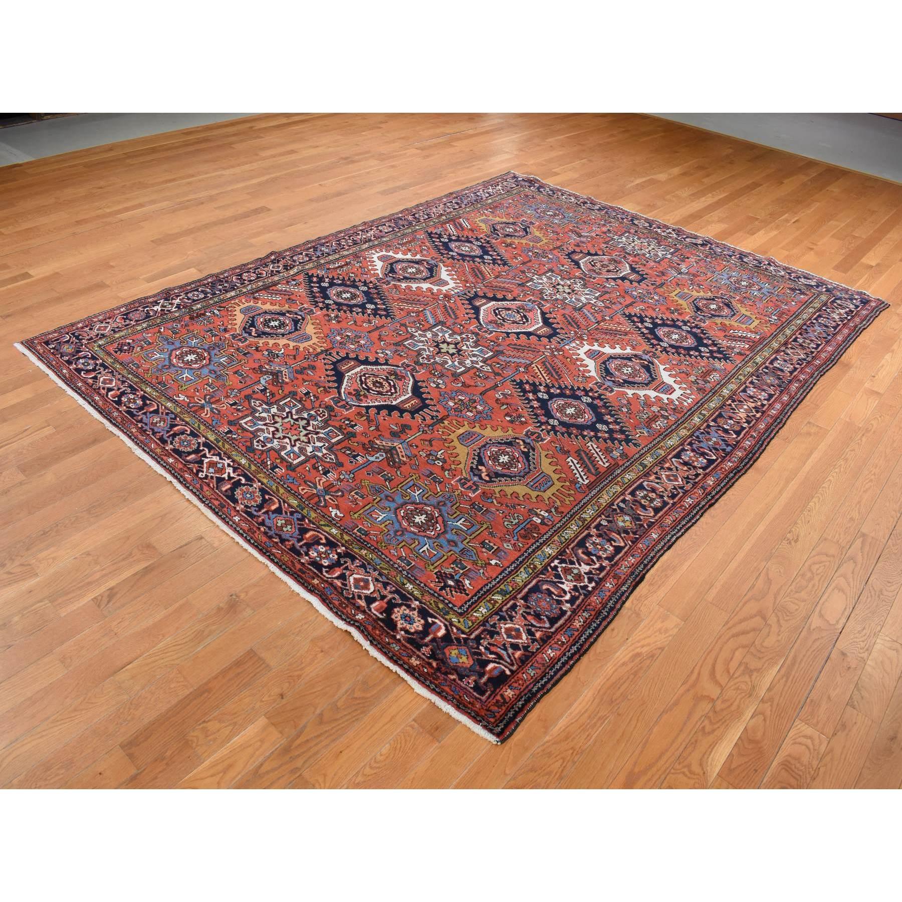 Hand-Knotted Red Antique Persian Karajeh Geometric Medallions Hand Knotted Pure Wool Rug For Sale
