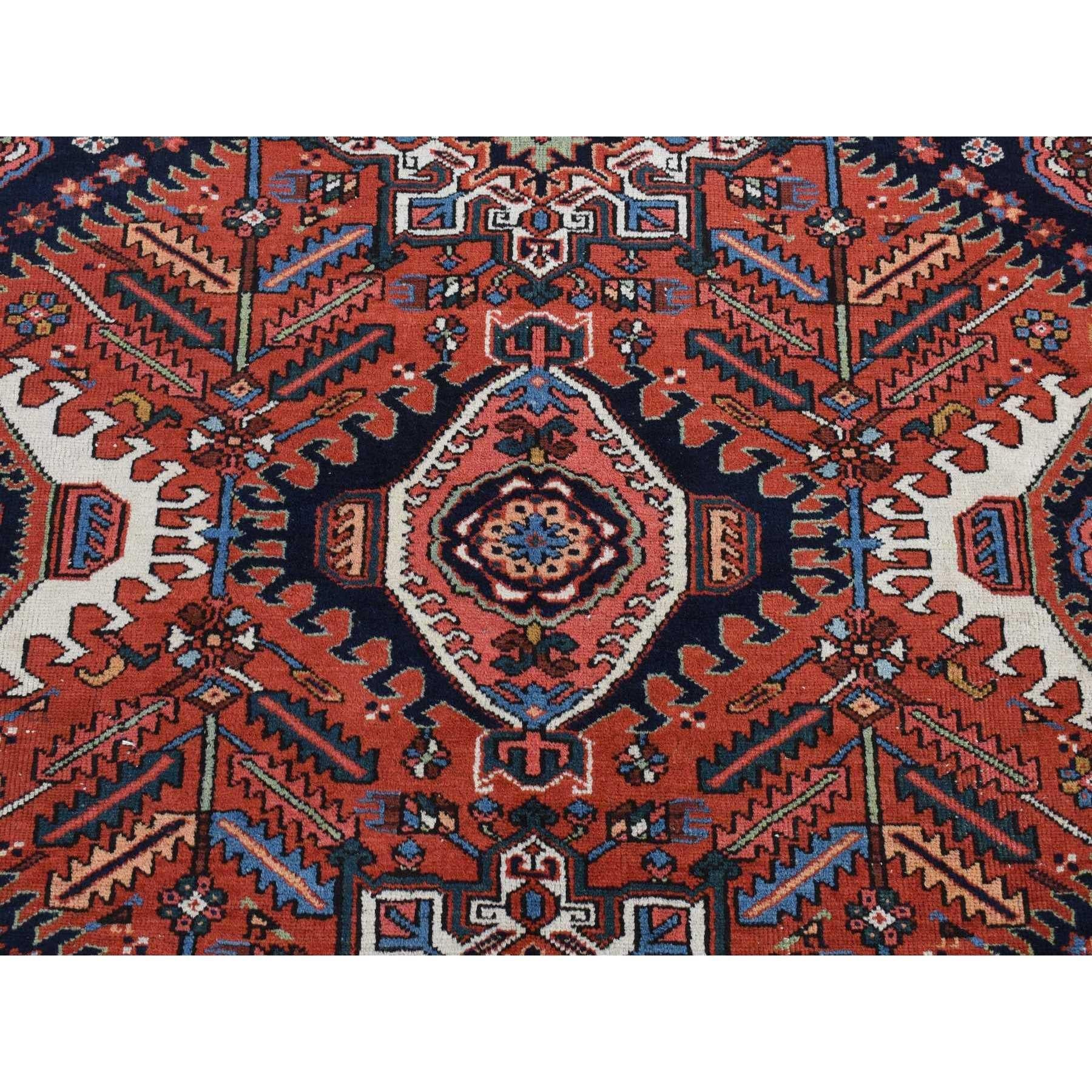 Red Antique Persian Karajeh Geometric Medallions Hand Knotted Pure Wool Rug For Sale 3