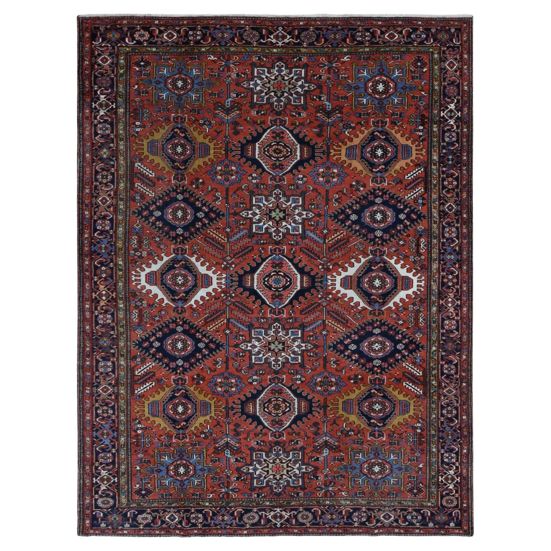 Red Antique Persian Karajeh Geometric Medallions Hand Knotted Pure Wool Rug For Sale