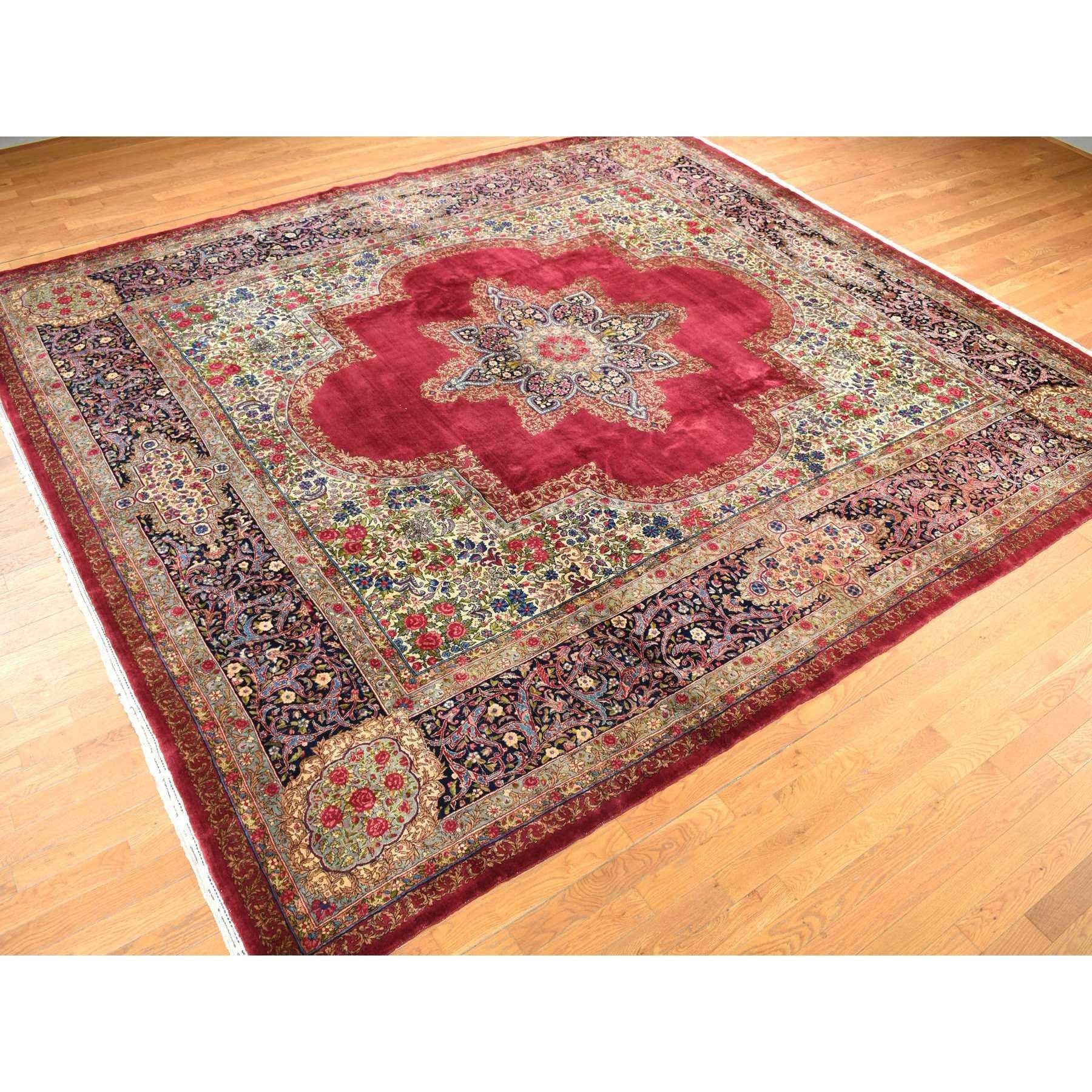 Hand-Knotted Red Antique Persian Kerman 300 KPSI Hand Knotted Wool Squarish Rug 11'8