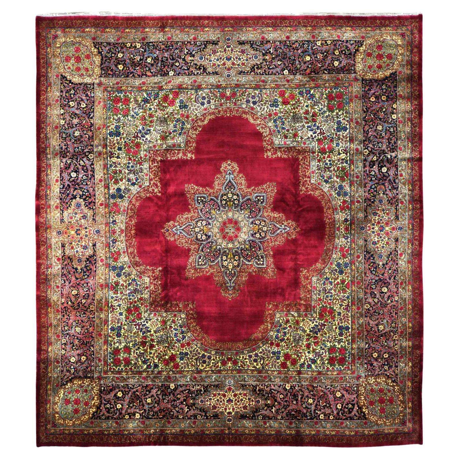Red Antique Persian Kerman 300 KPSI Hand Knotted Wool Squarish Rug 11'8"x13'2" For Sale