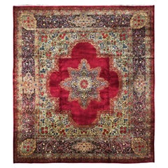 Roter antiker persischer Kerman 300 KPSI handgeknüpfter Squarish-Teppich aus Wolle 11'8"x13'2"