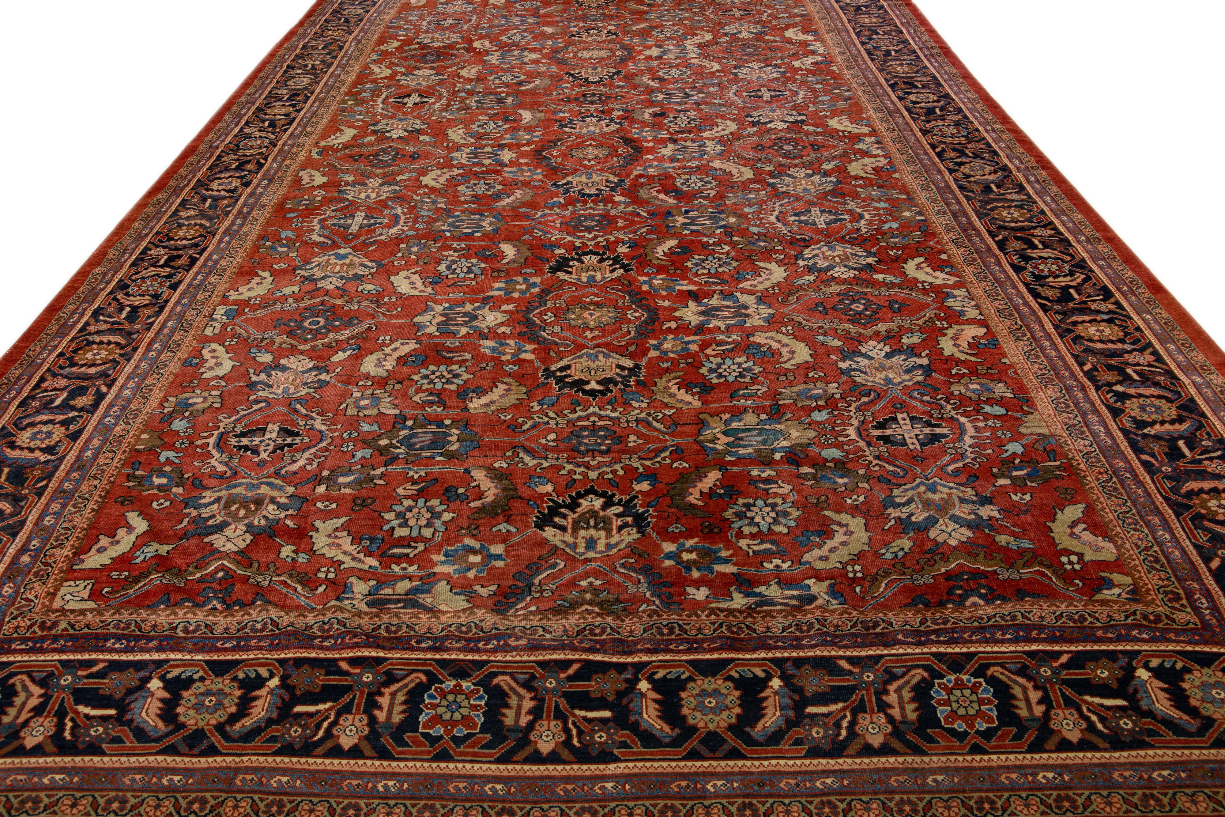 Islamic Red Antique Persian Mahal Handmade Floral Oversize Wool Rug For Sale