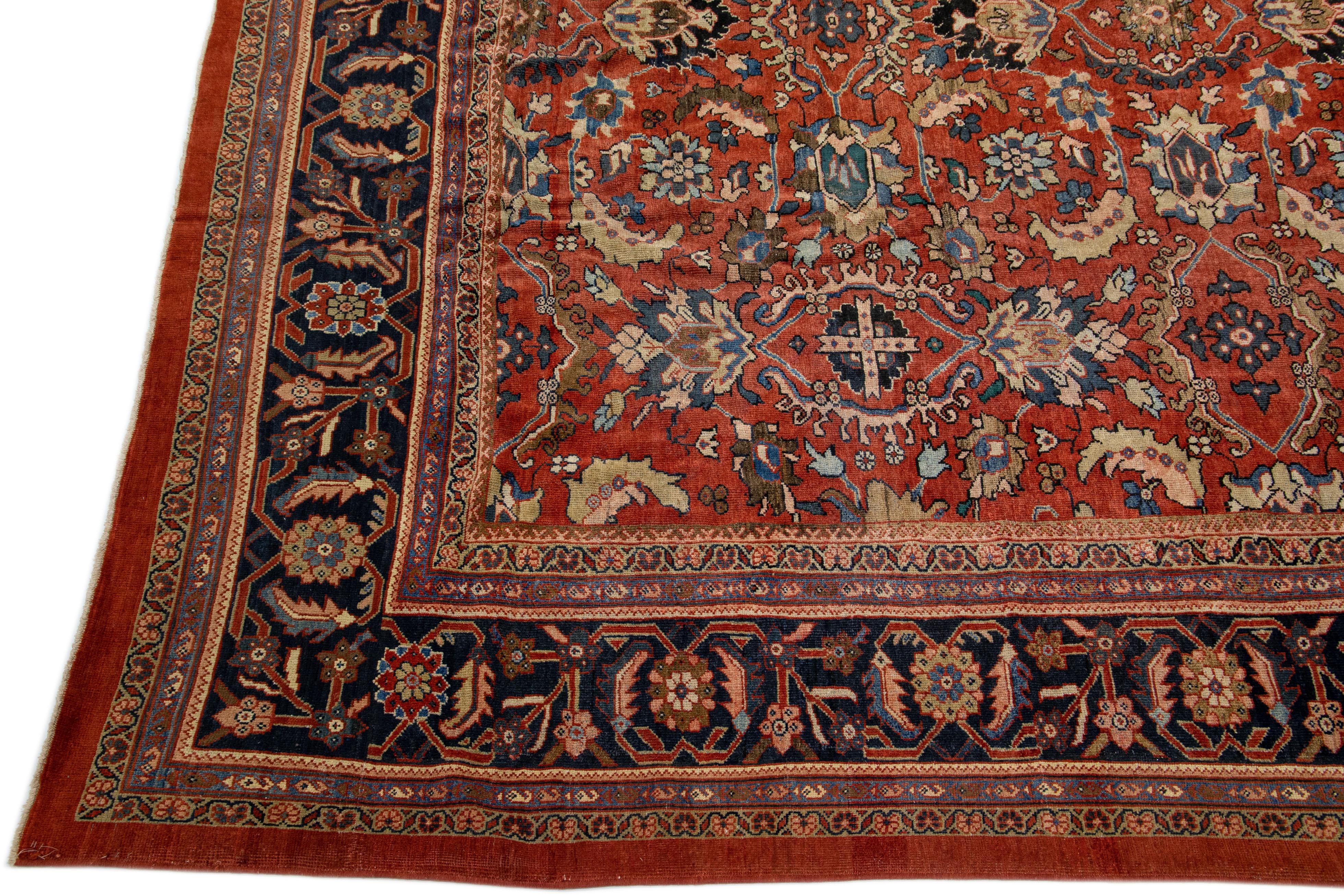 Hand-Knotted Red Antique Persian Mahal Handmade Floral Oversize Wool Rug For Sale