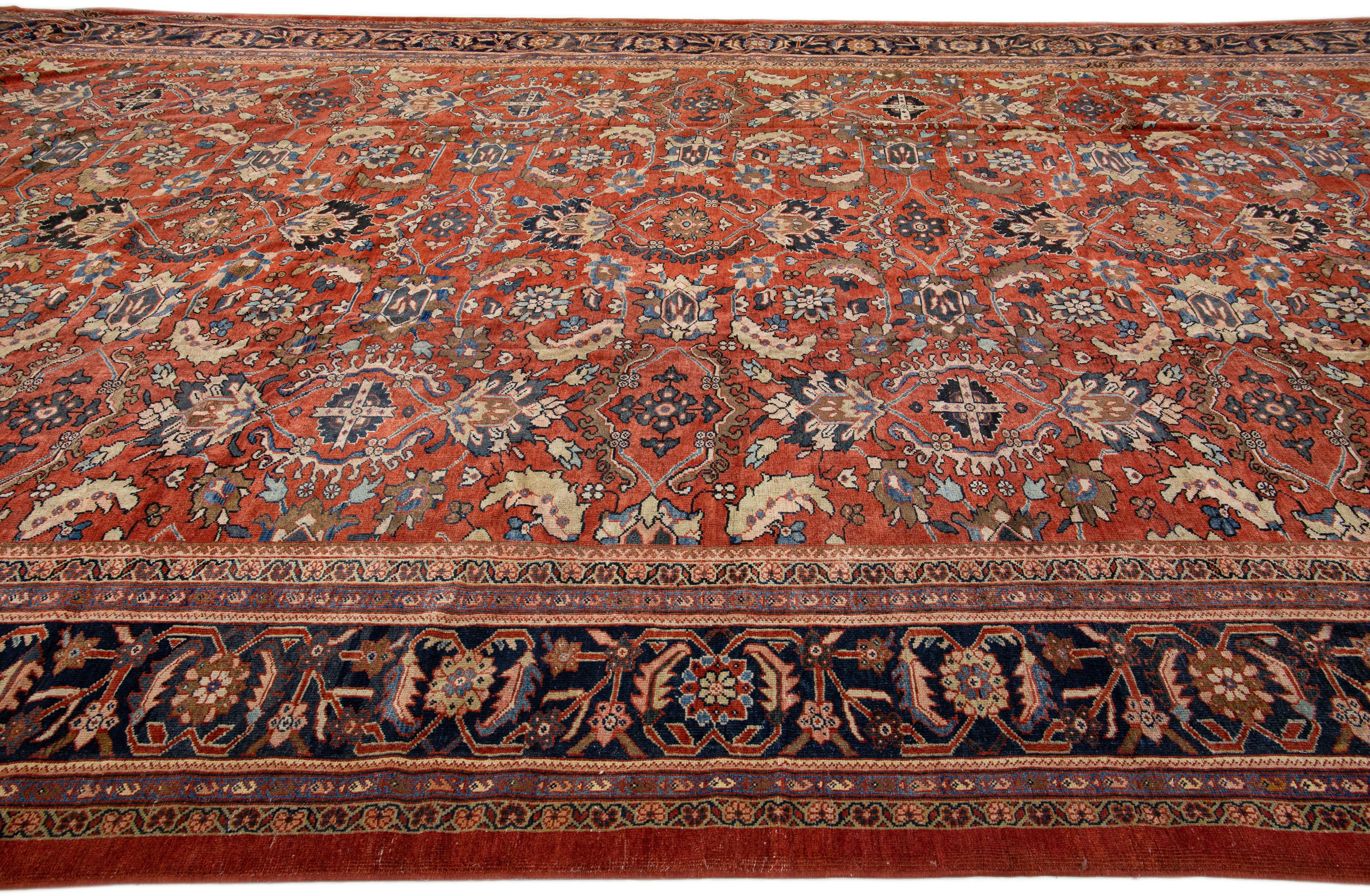 Red Antique Persian Mahal Handmade Floral Oversize Wool Rug In Good Condition For Sale In Norwalk, CT