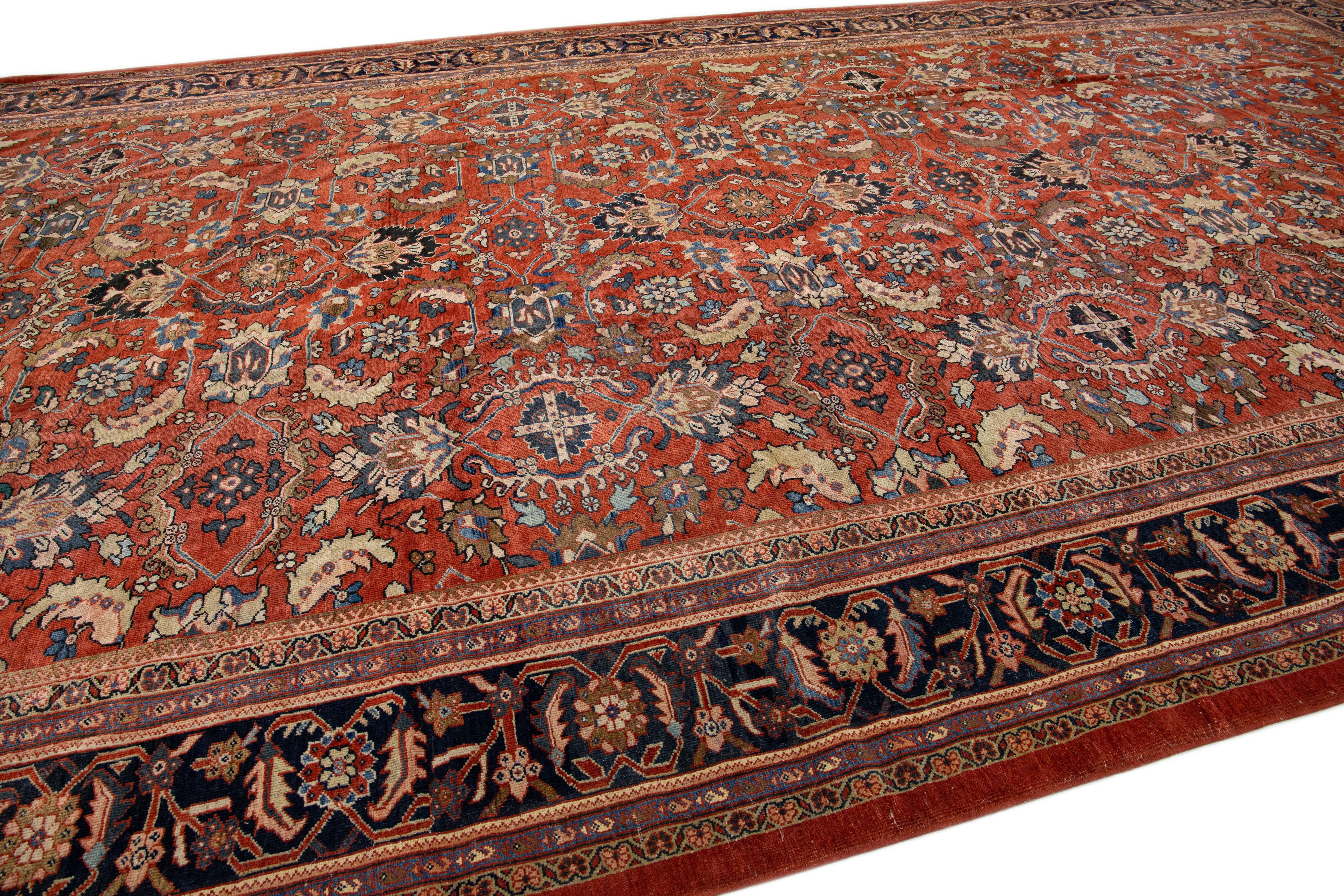 20th Century Red Antique Persian Mahal Handmade Floral Oversize Wool Rug For Sale
