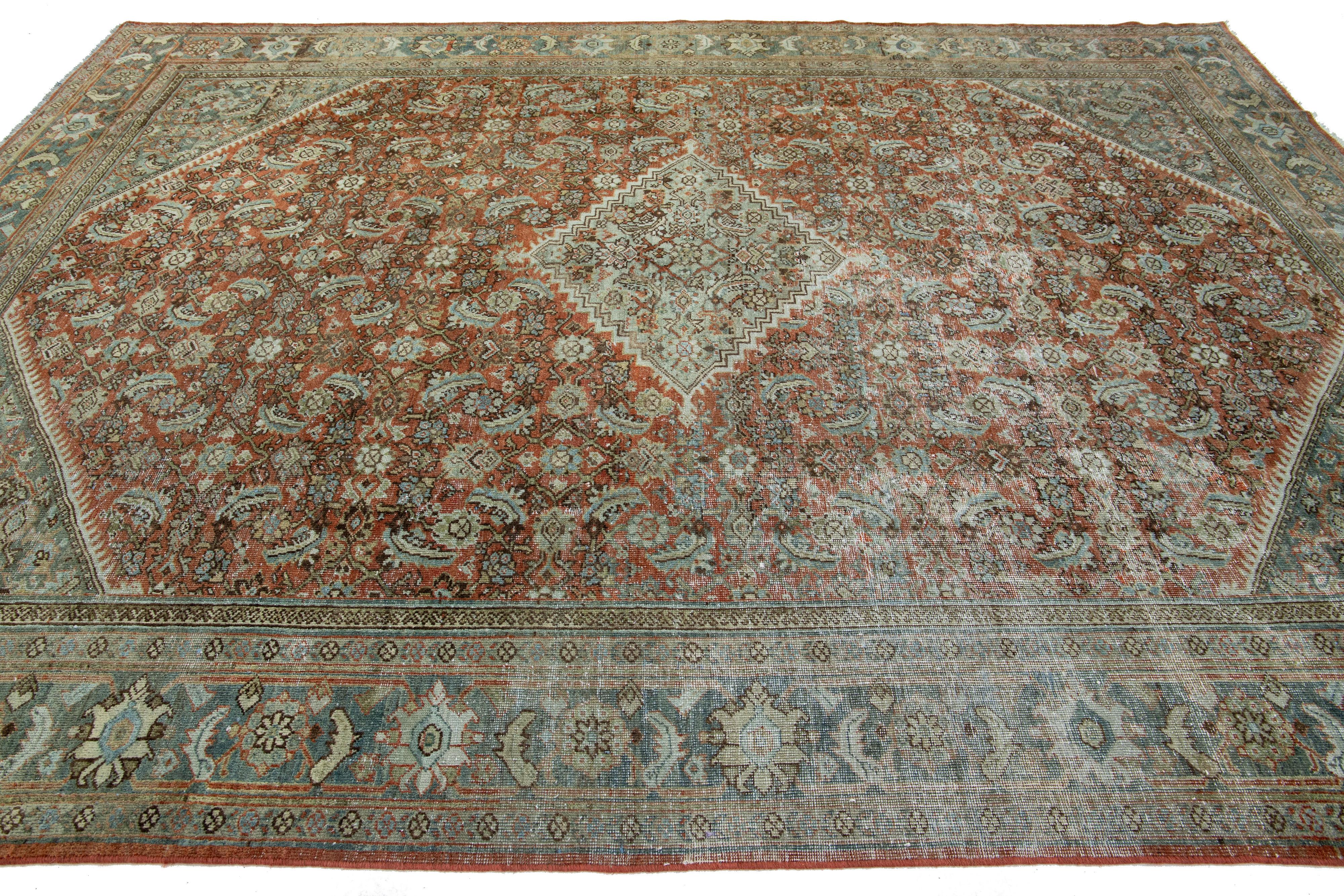 20th Century Red Antique Persian Mahal Wool Rug Allover Motif From The 1900s For Sale