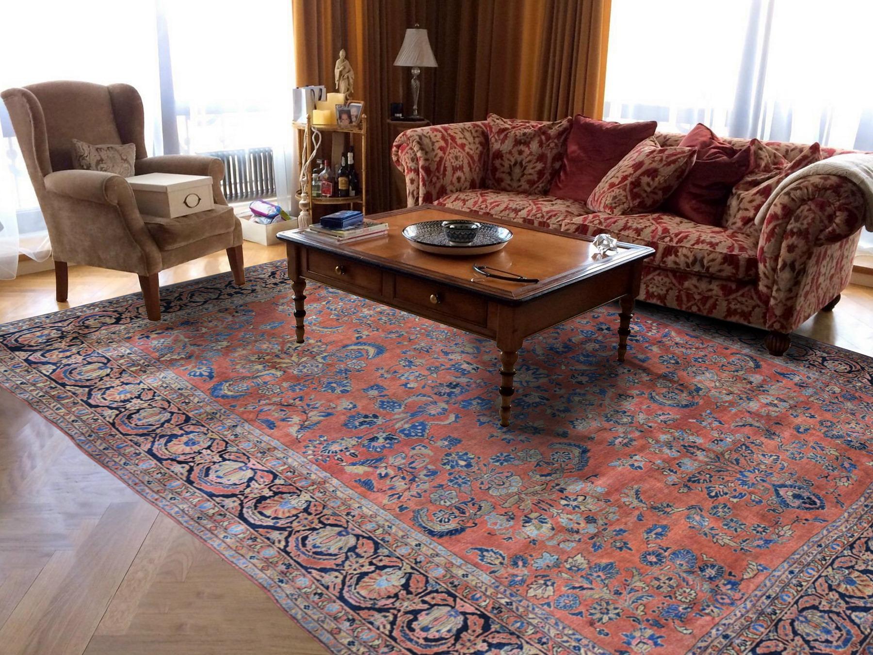 This is a truly genuine one-of-a-kind red antique persian sarouk even wear clean and soft hand knotted rug. It has been knotted for months and months in the centuries-old persian weaving craftsmanship techniques by expert artisans.

Primary