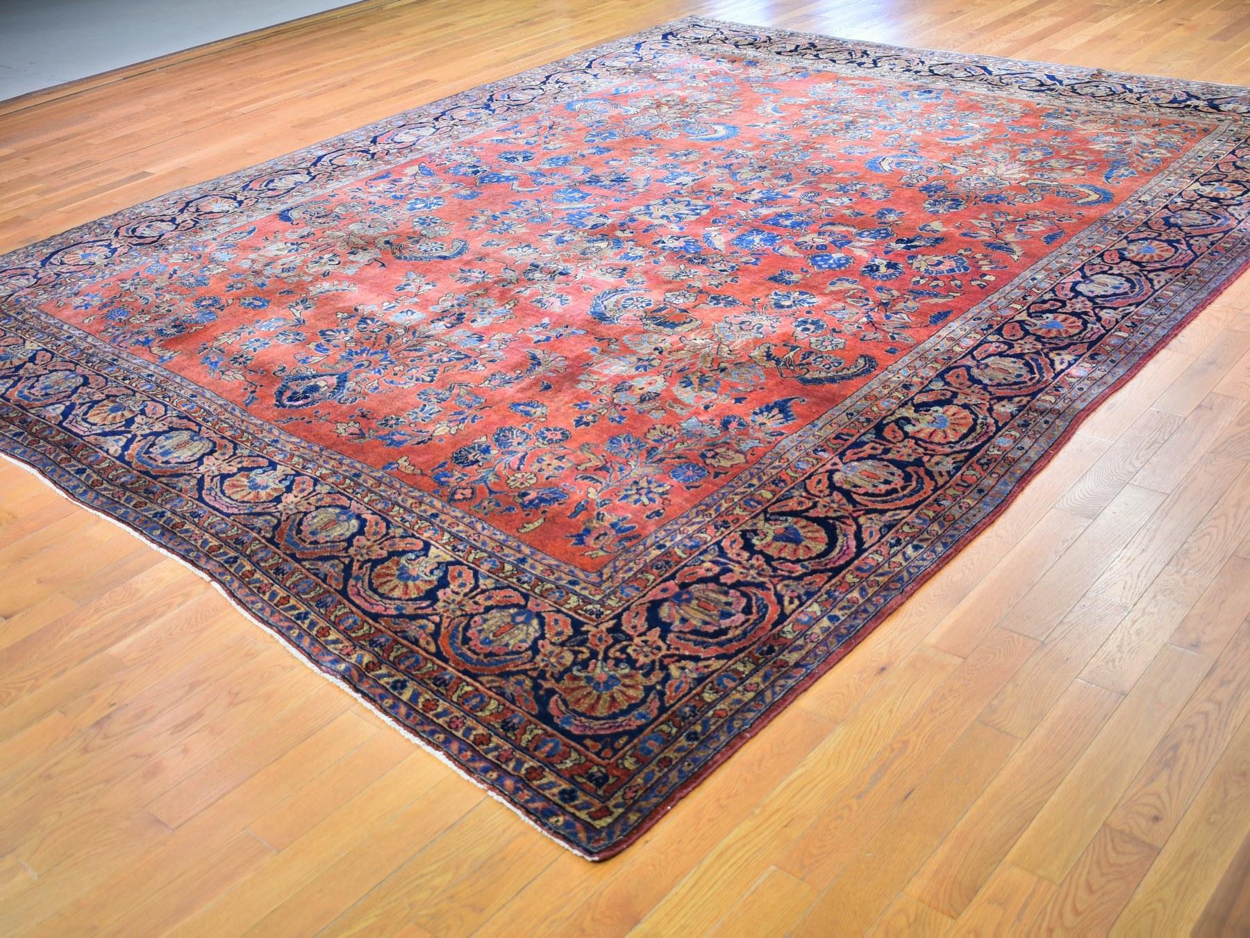 Hand-Knotted Red Antique Persian Sarouk Even Wear Clean And Soft Hand Knotted Oriental Rug