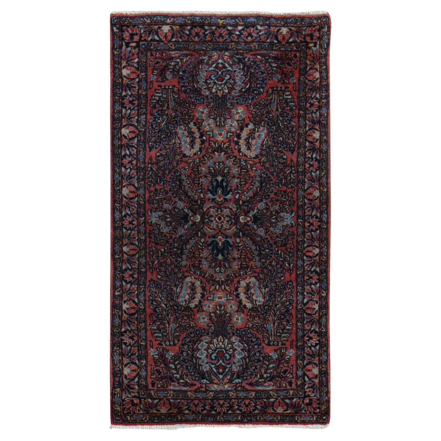 Red Antique Persian Sarouk Full Pile Clean and Soft Hand Knotted Mat Rug 2'1"x4'