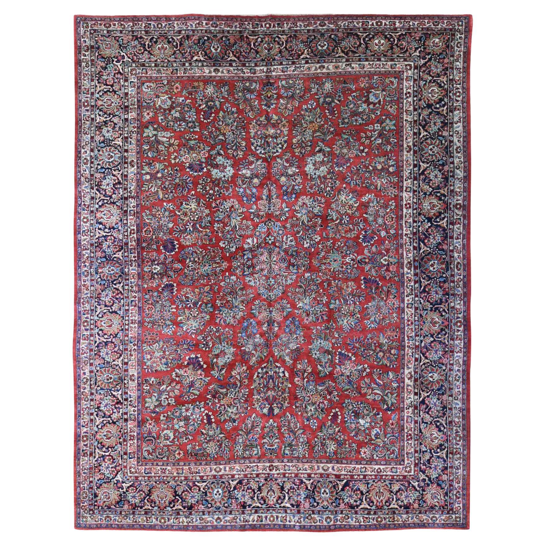 Roter antiker persischer Sarouk-Teppich aus reiner Wolle, handgeknüpft, Vollflor
