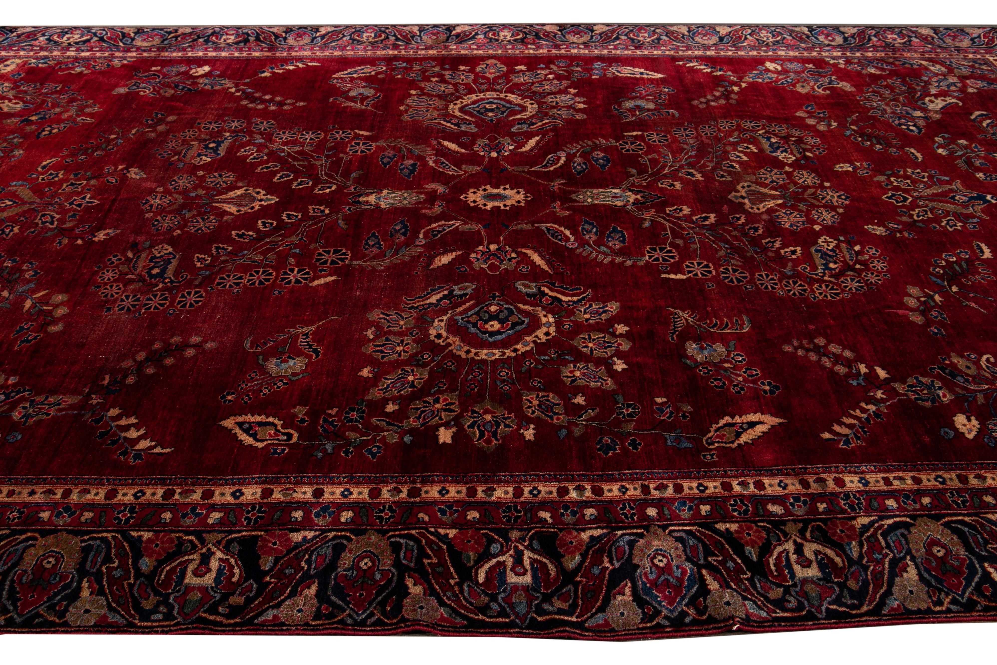 Hand-Knotted Red Antique Persian Sarouk Wool Rug Handmade with Classic Floral Design For Sale