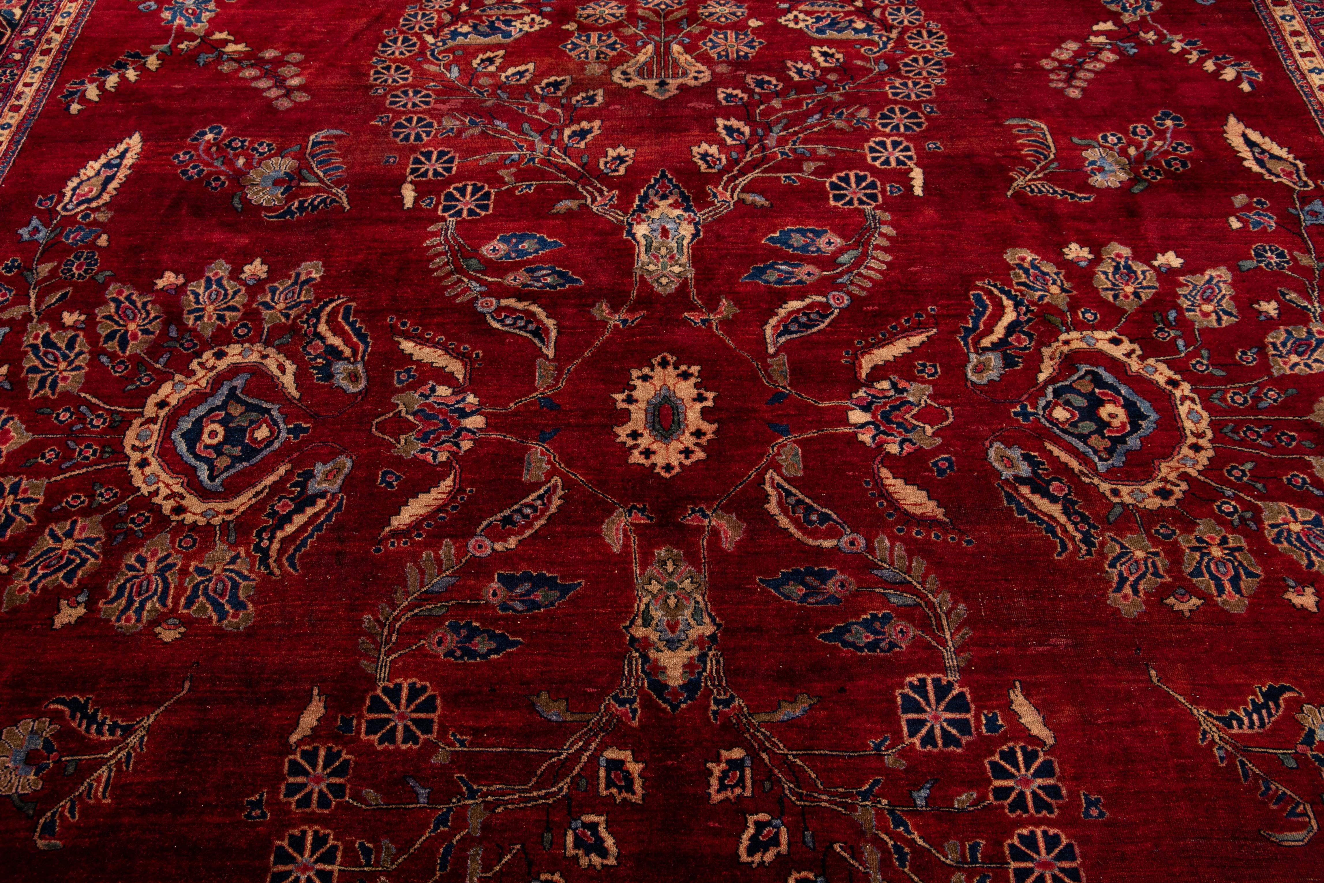 Red Antique Persian Sarouk Wool Rug Handmade with Classic Floral Design In Excellent Condition For Sale In Norwalk, CT