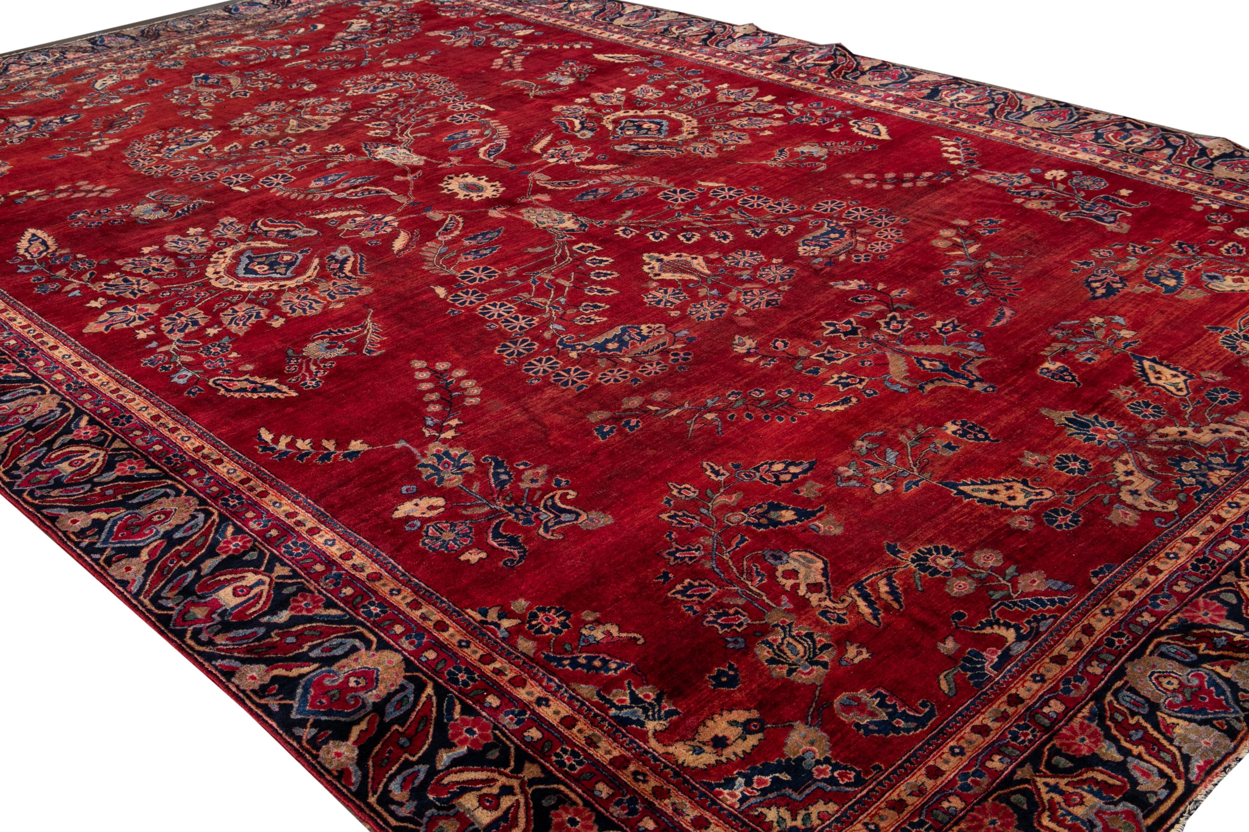 20th Century Red Antique Persian Sarouk Wool Rug Handmade with Classic Floral Design For Sale