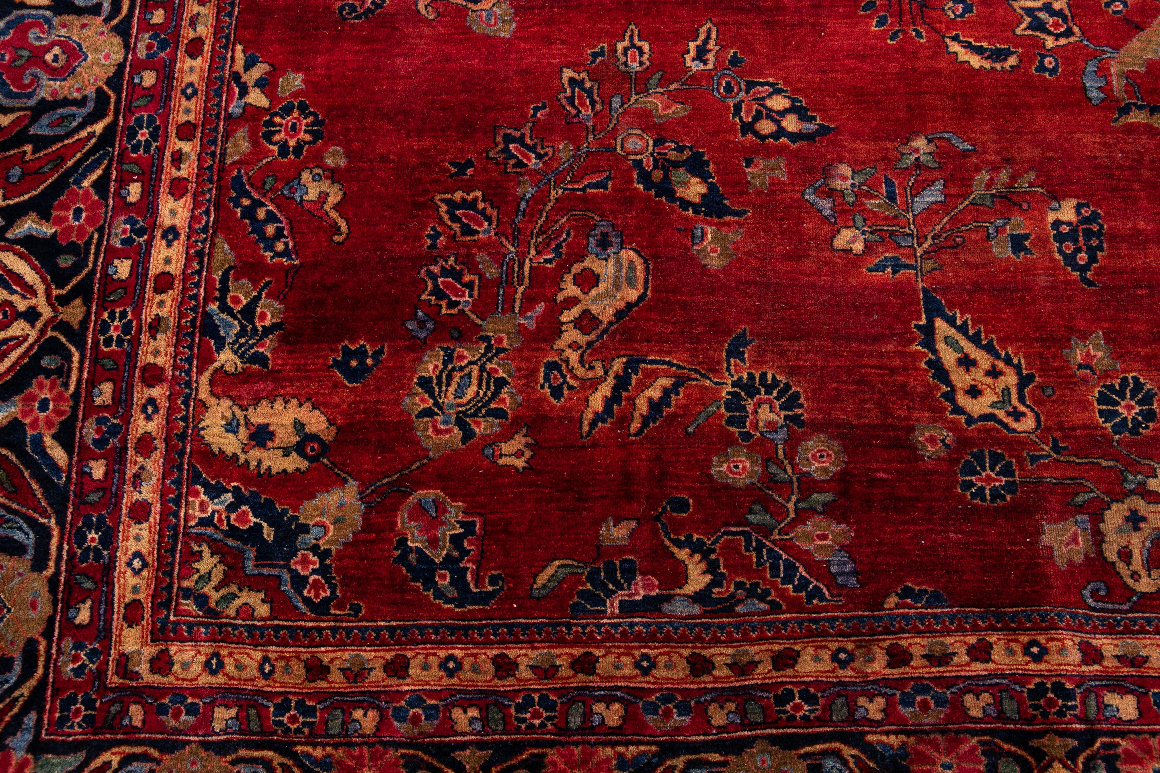 Other Red Antique Persian Sarouk Wool Rug Handmade with Classic Floral Design For Sale