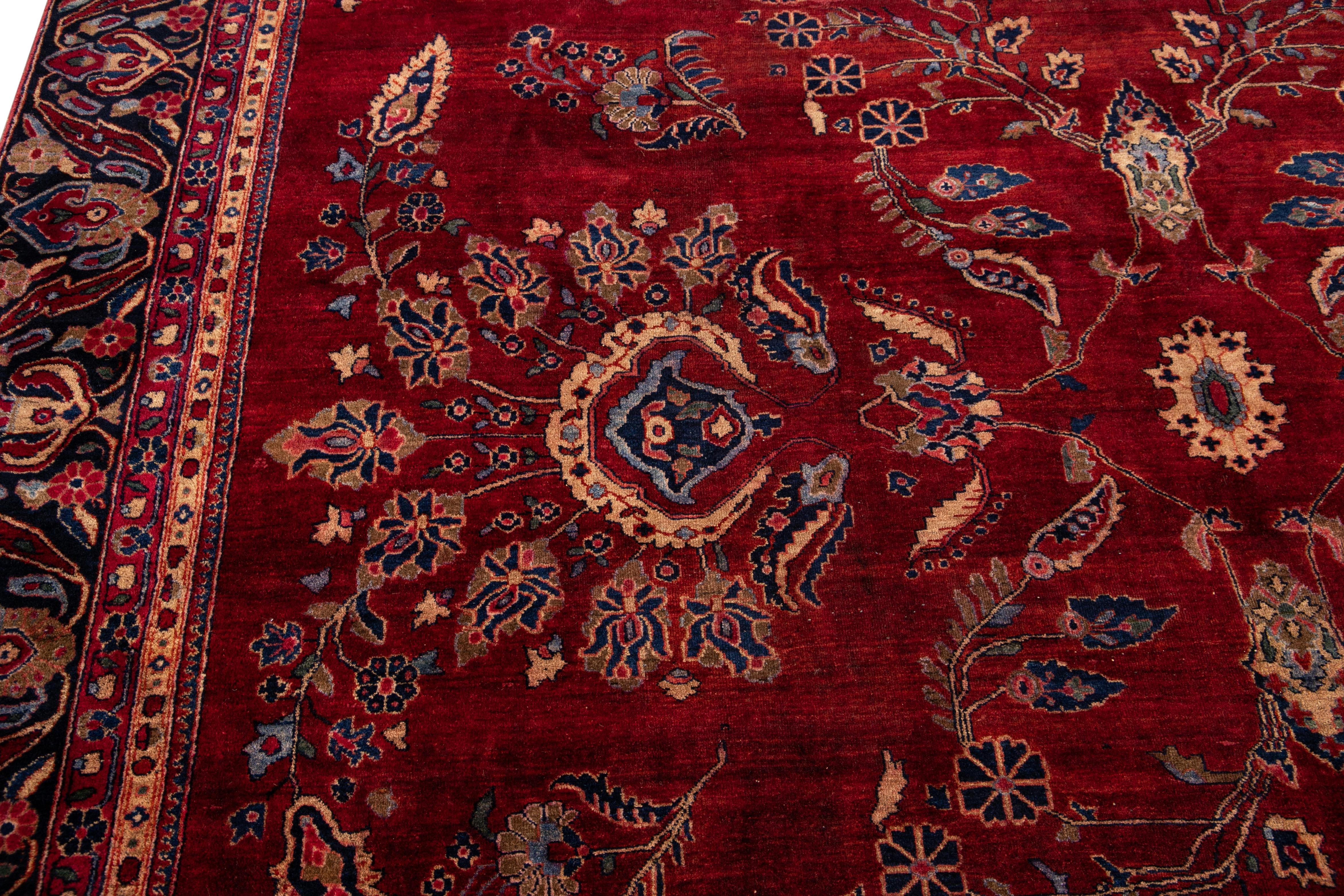 Red Antique Persian Sarouk Wool Rug Handmade with Classic Floral Design For Sale 1
