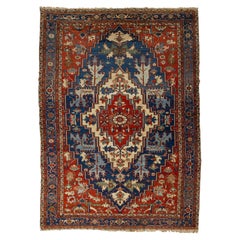 Tapis persan ancien Serapi rouge en laine, fait main, à motifs de médaillons