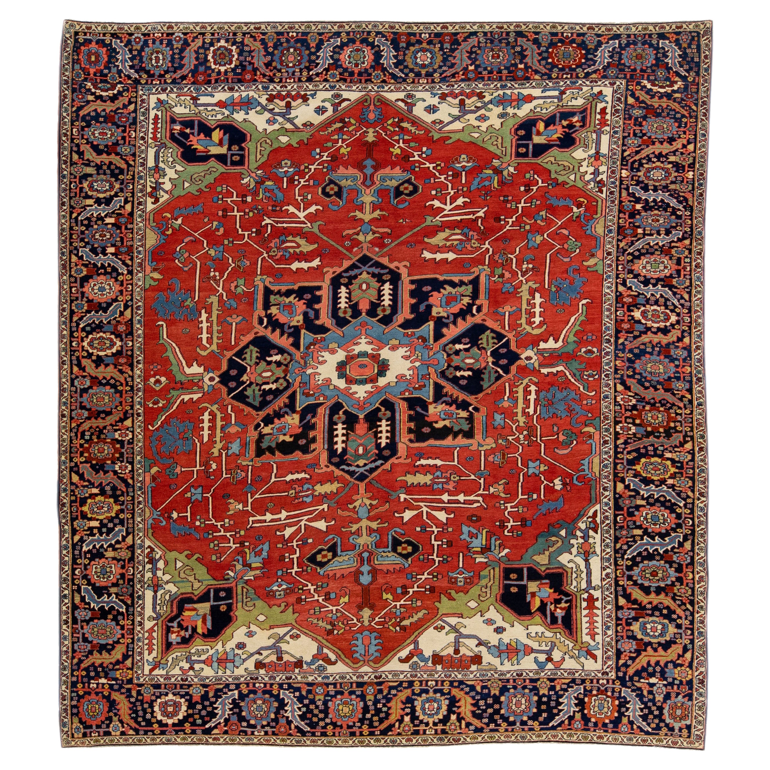 Roter antiker persischer Serapi-Wollteppich mit mehrfarbigem Medaillonmuster, handgefertigt